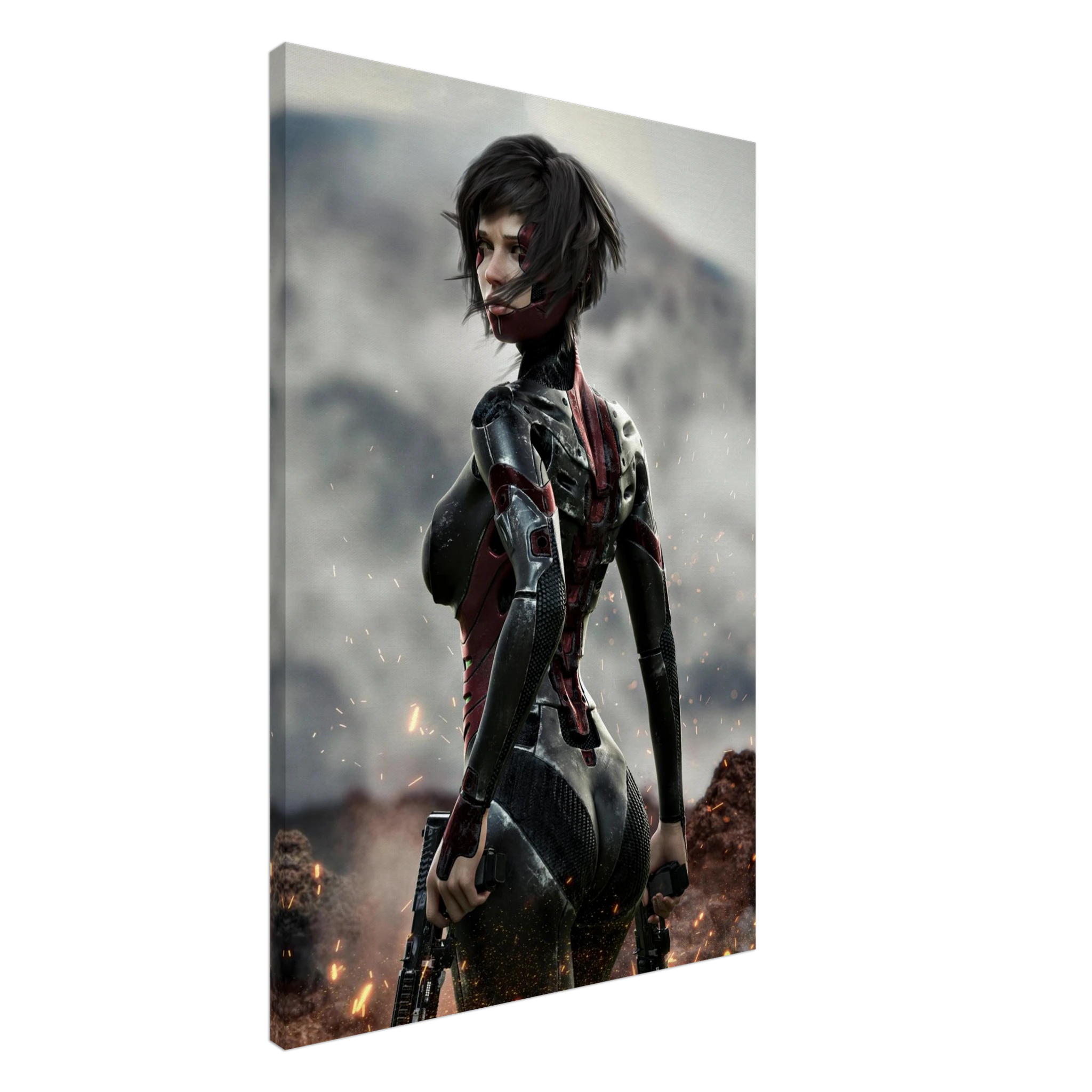 A vertical canvas wall art print showing a futuristic female cyborg in a black and red bodysuit, standing in a smoky, war-torn outdoor scene. The canvas is displayed at an angle against a plain white background.