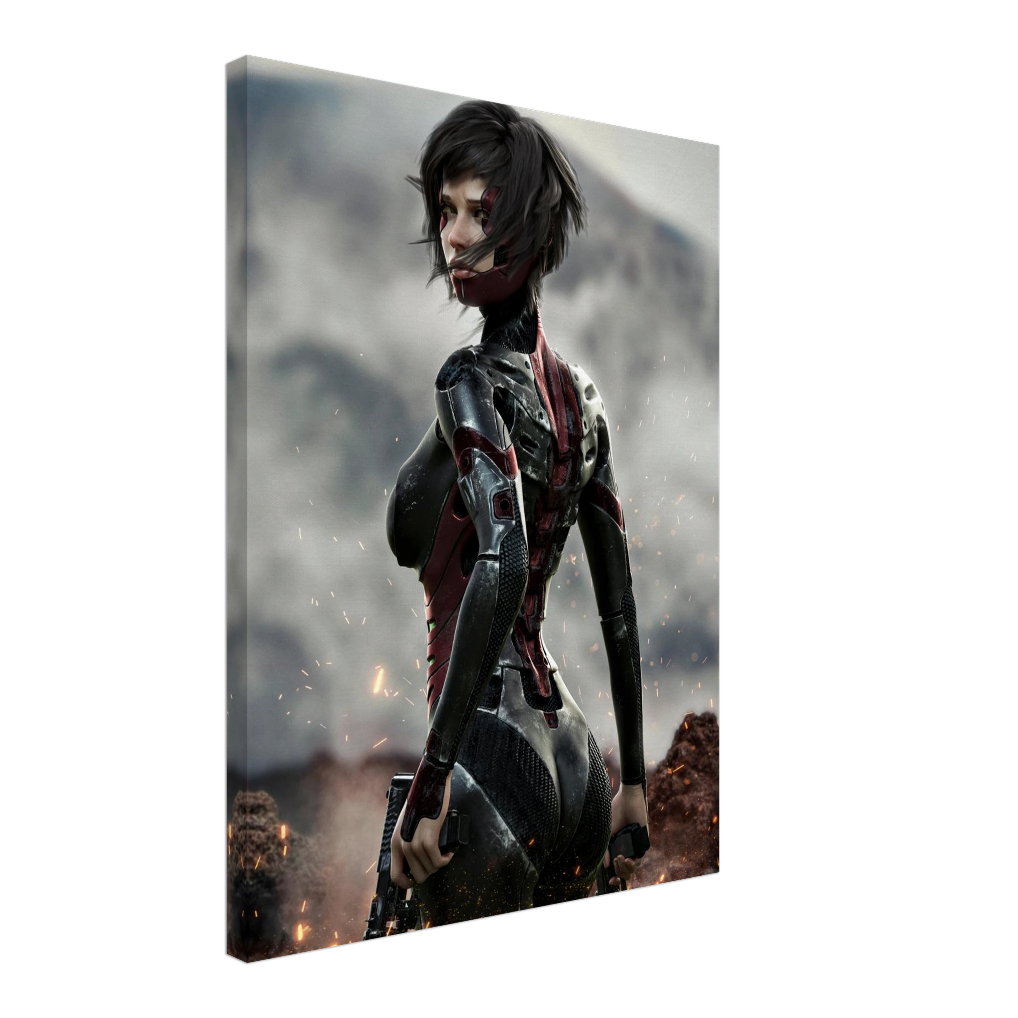 A vertical canvas wall art print featuring a futuristic female cyborg in black and red armor standing in a smoky, fiery outdoor scene. The canvas is shown at a slight angle against a plain white background.