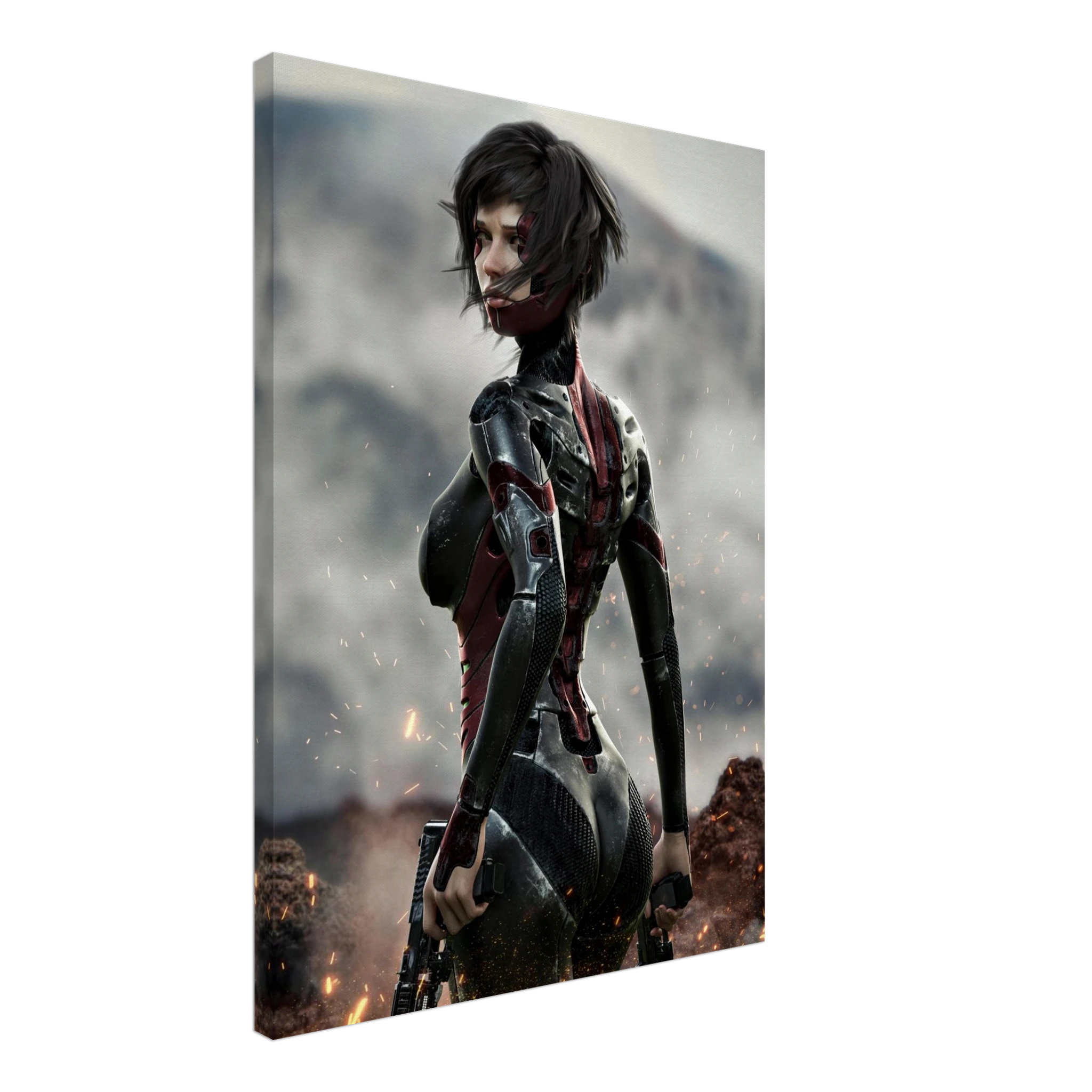 A vertical canvas wall art print showing a futuristic female cyborg in a dark metallic bodysuit with red accents, standing in a smoky outdoor scene with sparks. The canvas is photographed at an angle against a plain white background.