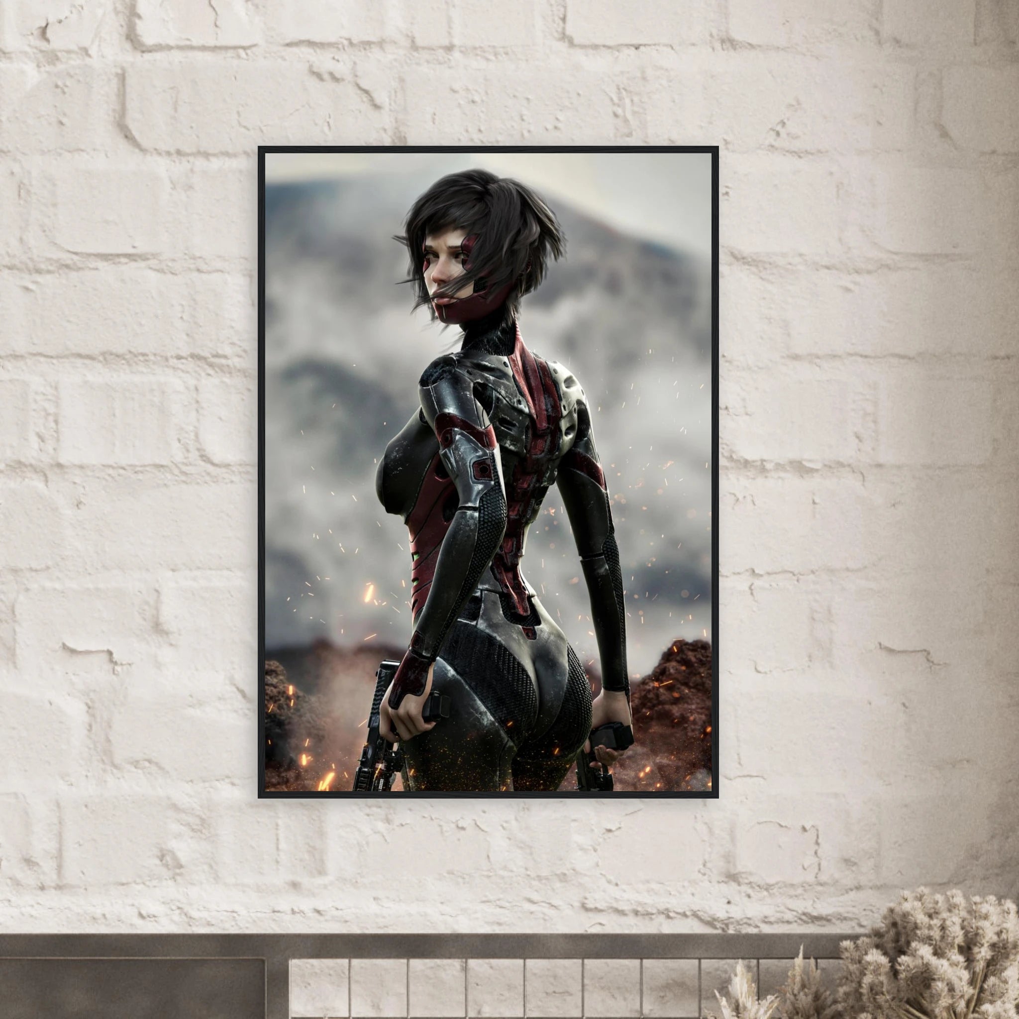 A framed vertical art print of a female sci-fi character in a dark red and black bodysuit, displayed on a white brick wall above a mantel.
