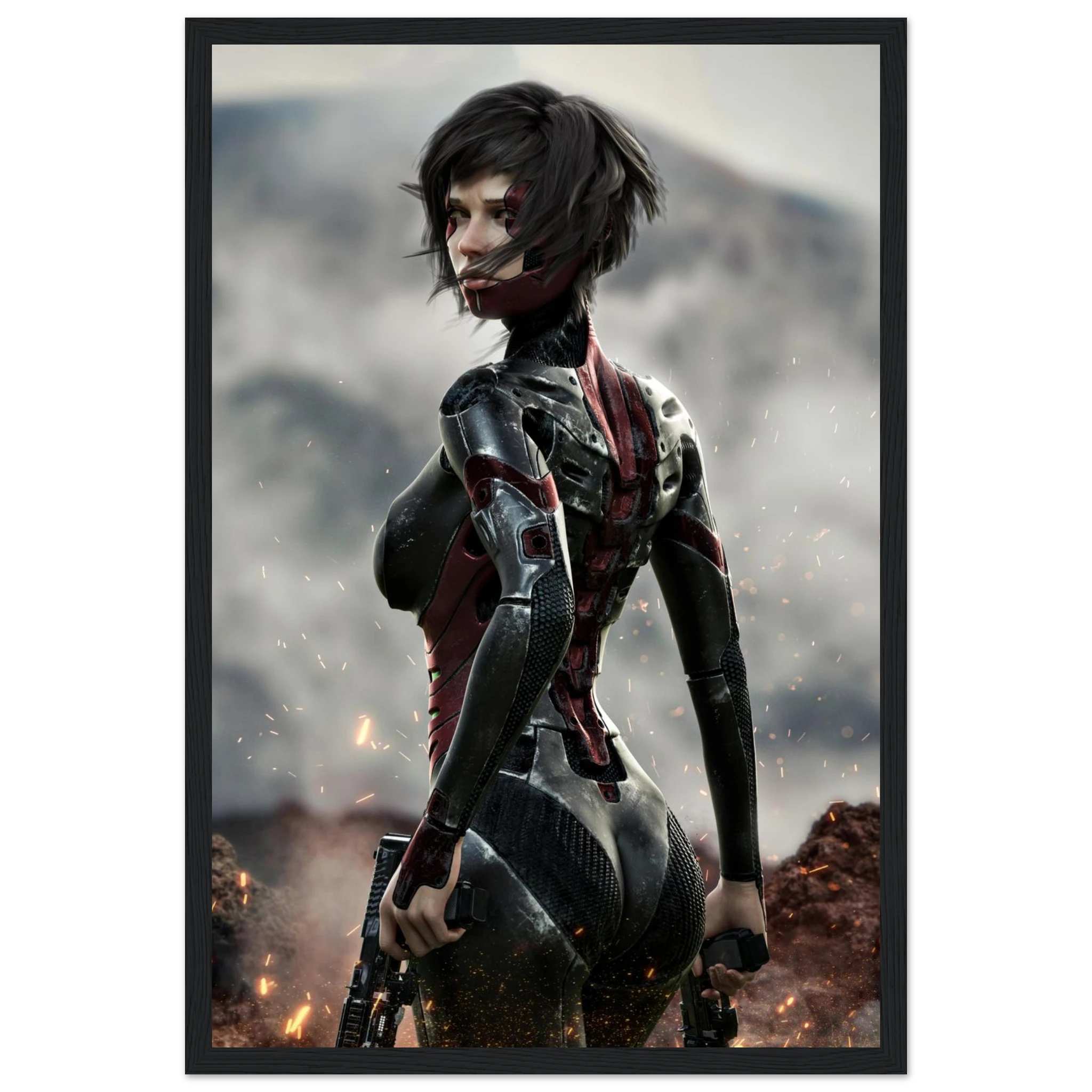 A framed vertical art print featuring a futuristic female warrior in a black and red armored bodysuit, standing in a smoky, rocky outdoor scene with sparks flying. The print is presented in a thin black frame against a light gray background.