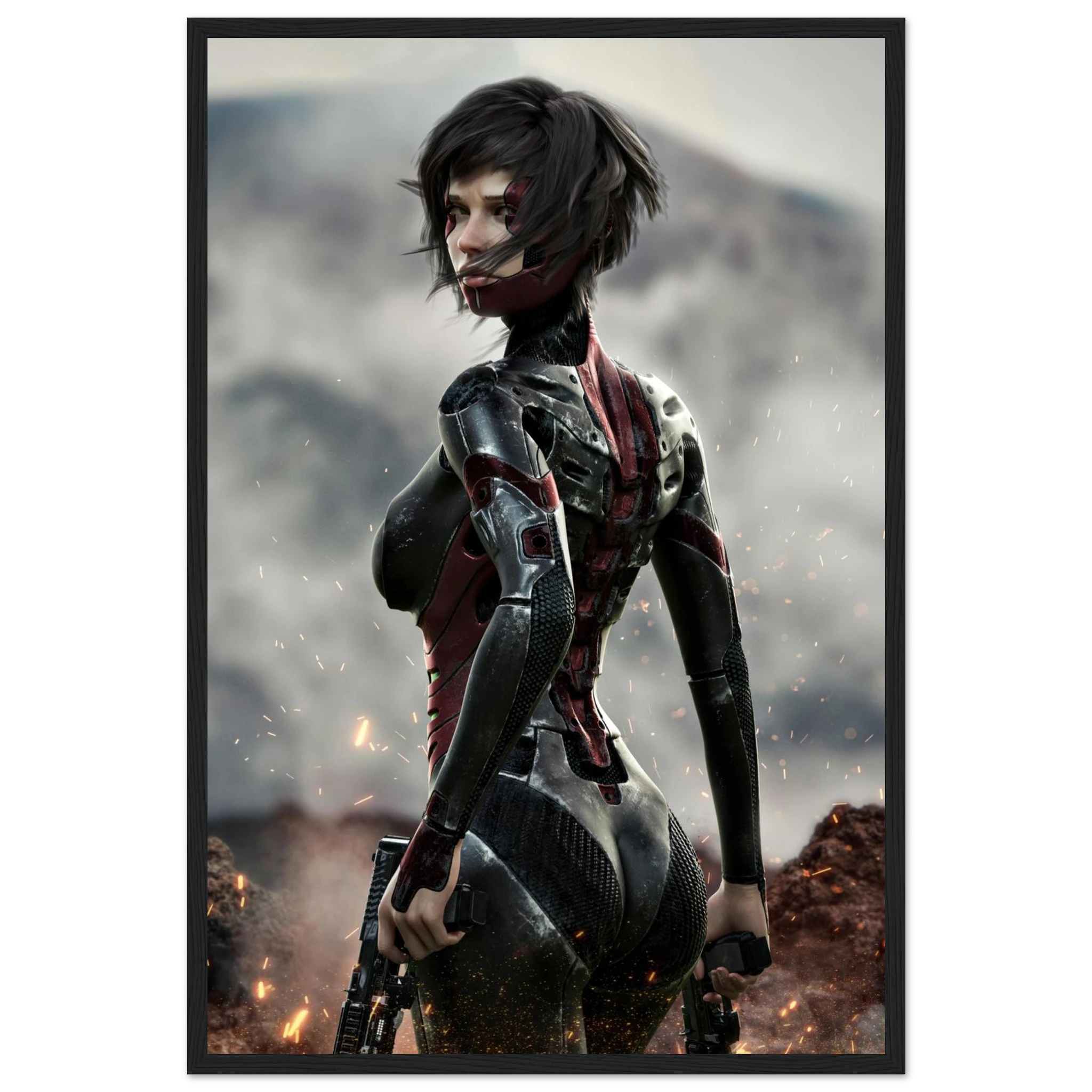 A framed vertical art print featuring a futuristic female warrior in a black and red armored bodysuit, standing in a smoky, rocky outdoor scene with sparks flying. The print is presented in a thin black frame against a light gray background.
