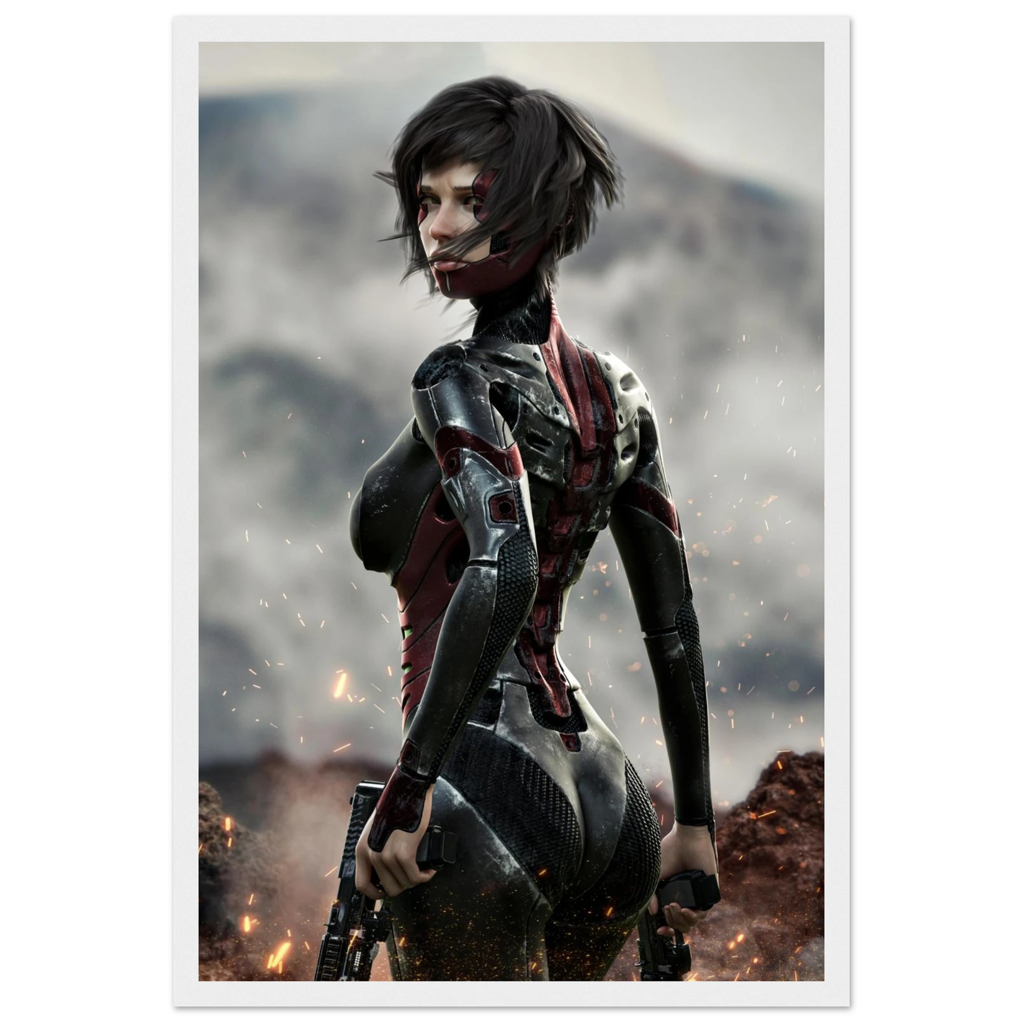 A vertical art print featuring a stylized female cybernetic warrior in a black and red bodysuit, standing in a smoky outdoor scene with sparks and a rifle, surrounded by a white border.