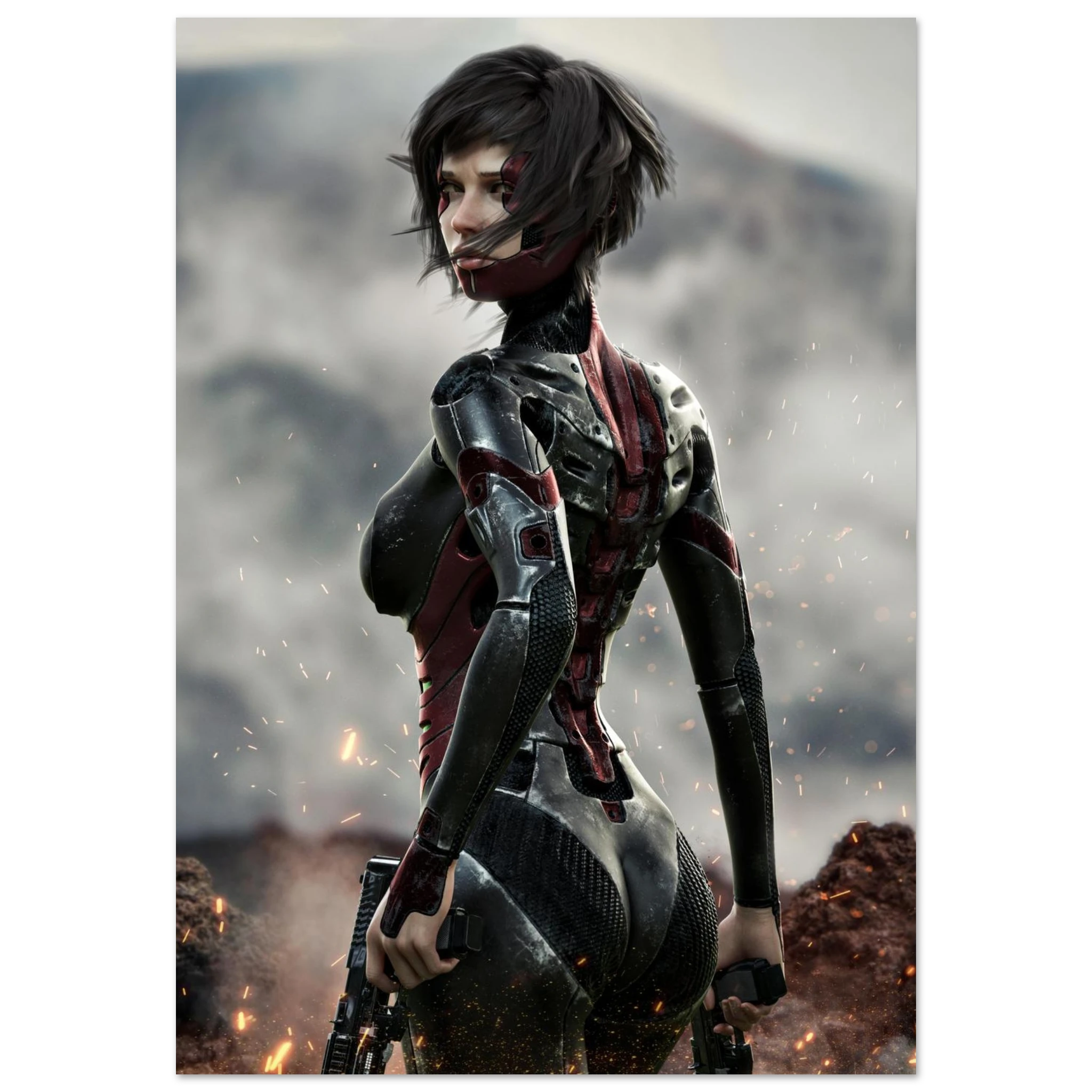 A vertical poster or art print featuring a futuristic female soldier in a black and red armored suit, standing in a smoky battlefield setting with sparks and rocks.