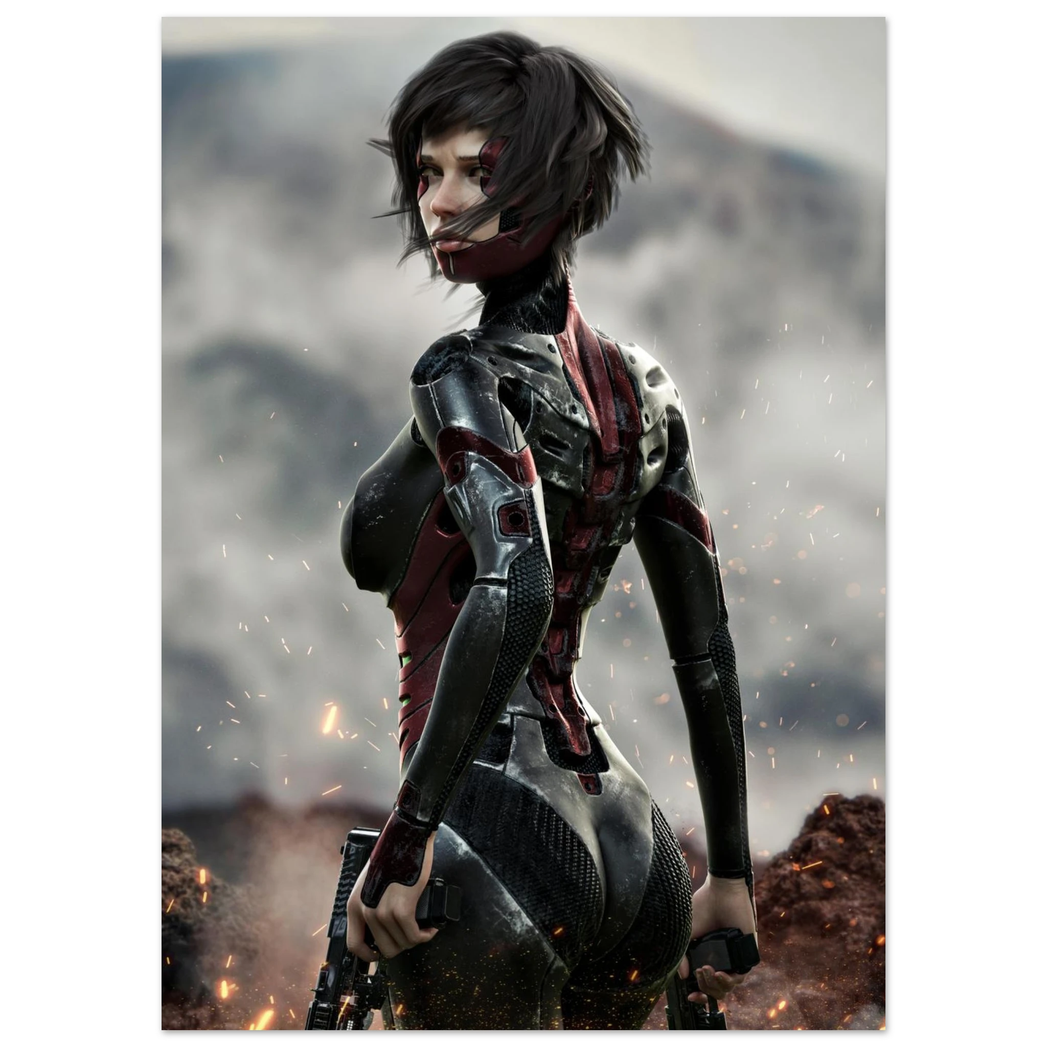 A vertical poster or art print featuring a futuristic female soldier in black and red armor, shown from behind in a smoky battlefield setting with sparks and a mountain background.