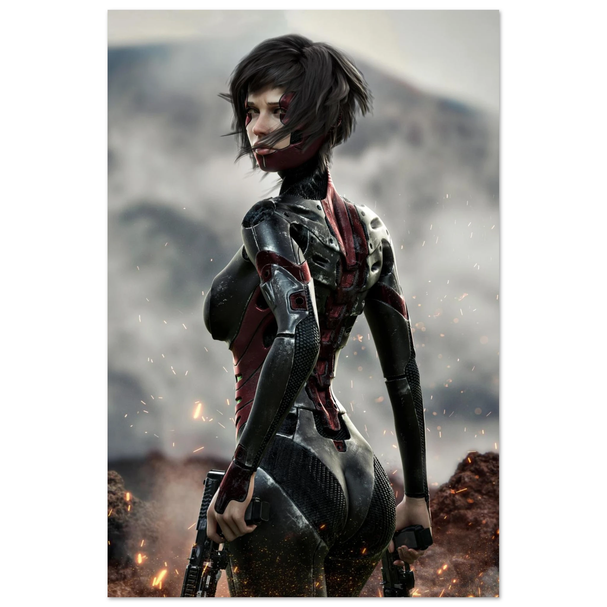 A vertical art print featuring a stylized female warrior character in a dark futuristic bodysuit with red accents, standing in a smoky battlefield scene with sparks and rocks.