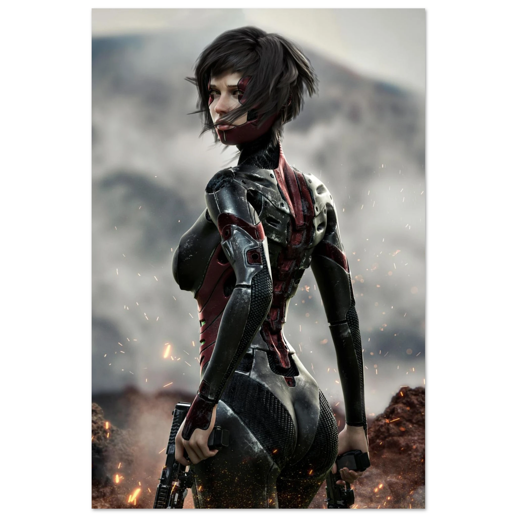 A vertical art print featuring a stylized female cybernetic soldier with short dark hair, a red bandage over one eye, and a black-and-red armored bodysuit, standing in a smoky outdoor battlefield scene with sparks. The print is centered on a light gray background.