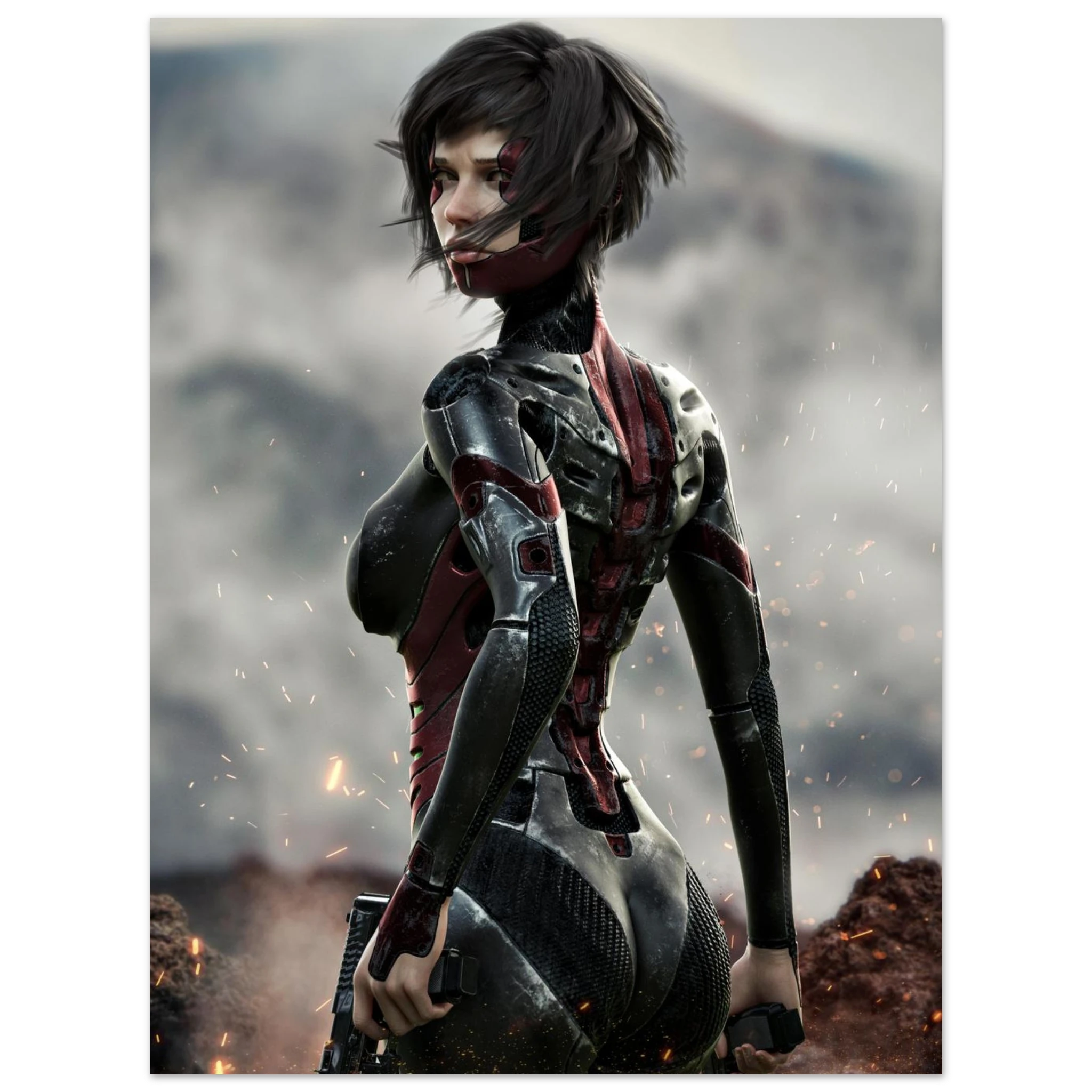 A vertical poster or art print featuring a futuristic female warrior in a black and red armored bodysuit, shown from behind against a smoky, rocky outdoor background with small embers floating around her.