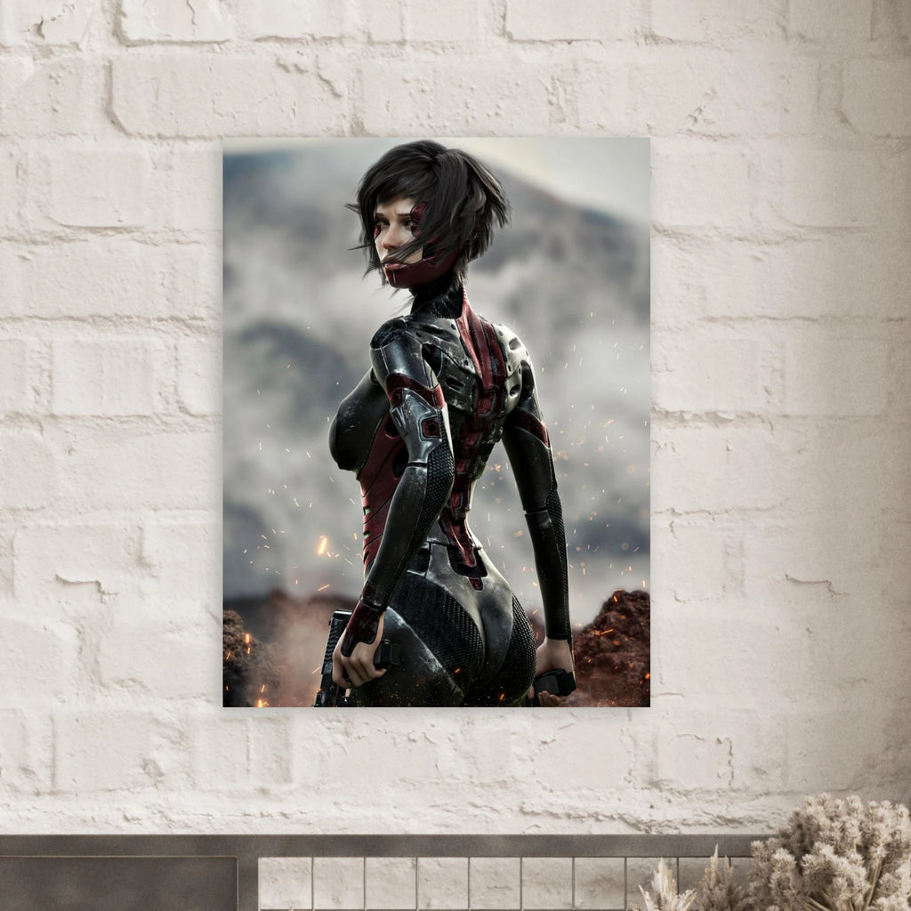 A vertical wall art print featuring a futuristic female character in dark metallic armor with red accents, set against a smoky mountain background. The print is displayed on a white painted brick wall above a dark mantel.