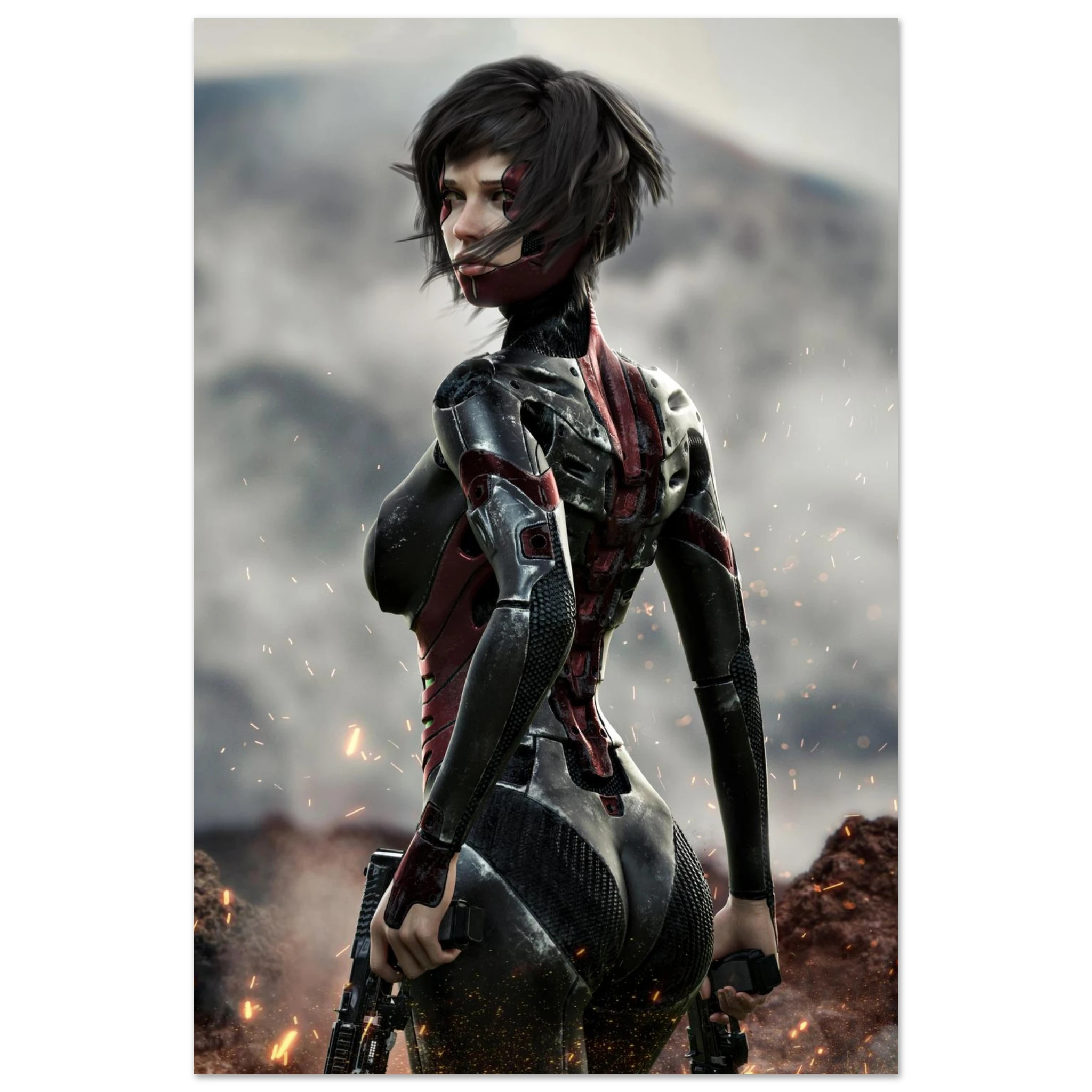 A vertical art print featuring a futuristic female warrior with short dark hair, wearing a black and red armored bodysuit, standing in a smoky mountain landscape with sparks flying.