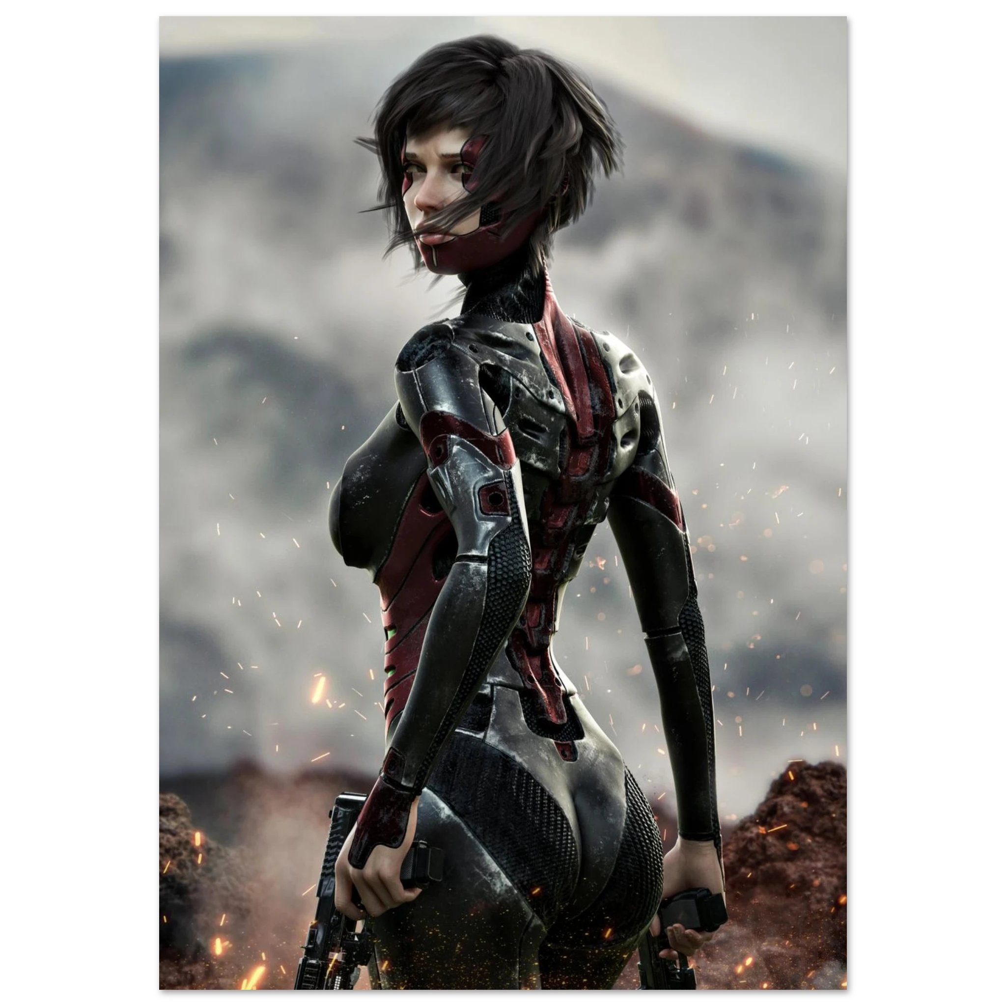 A vertical poster or art print featuring a stylized female sci-fi character in a black and red armored bodysuit, shown from behind against a smoky mountainous background with sparks flying. The print is centered on a light gray background.