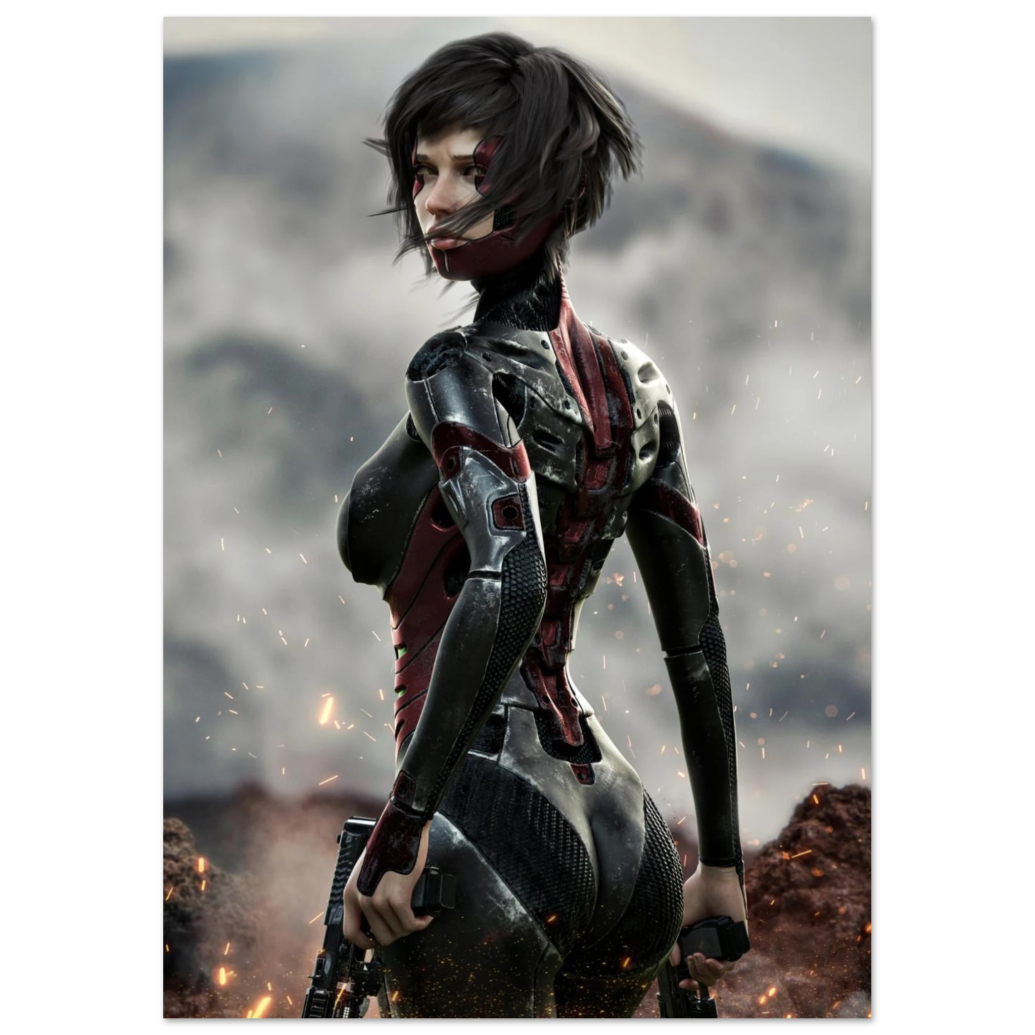 A vertical poster or art print featuring a futuristic female soldier in black and red armor, shown from behind in a smoky, fiery outdoor setting. The print is centered on a white background.