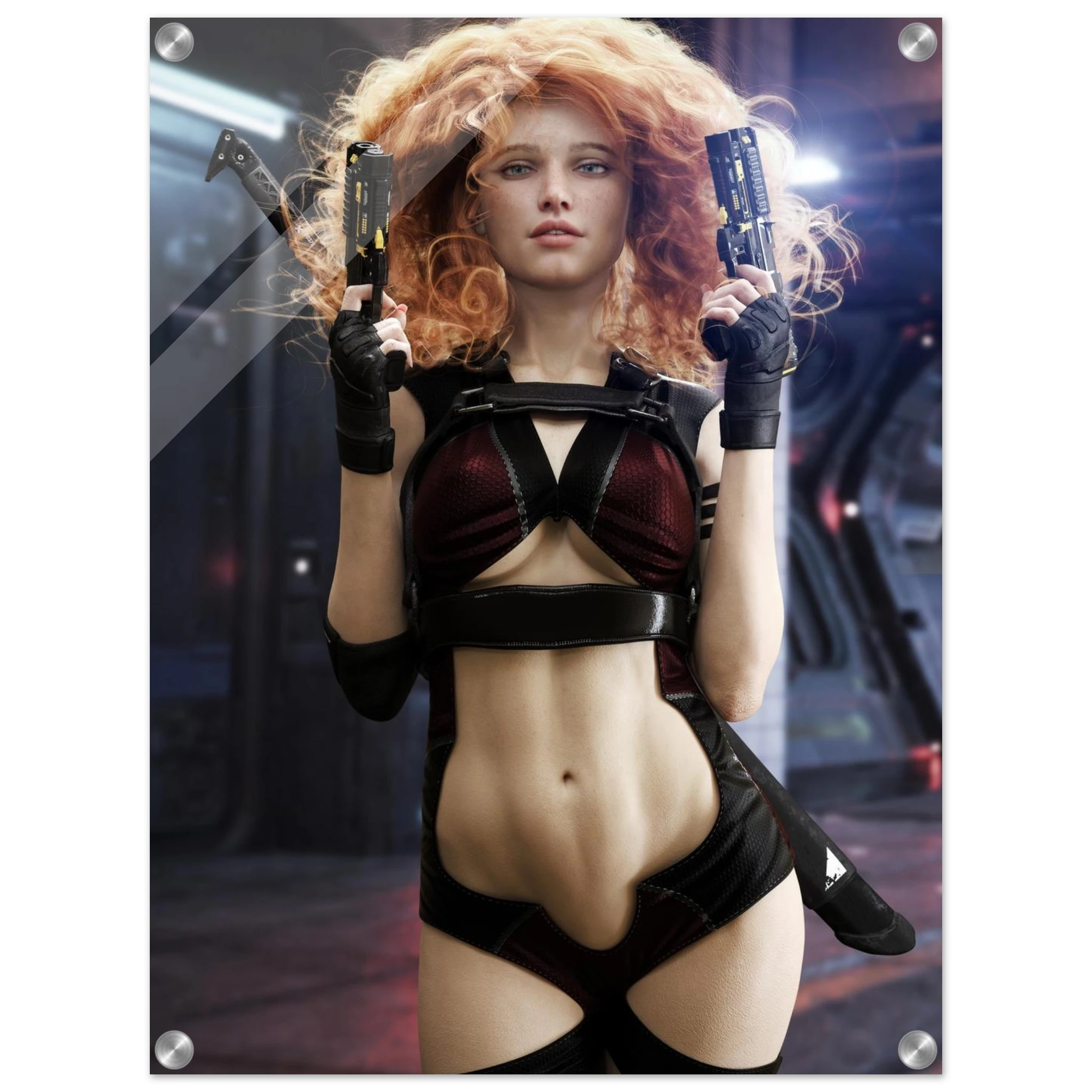  A handcrafted science fiction illustration of a futuristic female assassin with vibrant curly crimson hair standing confidently inside a high-tech industrial corridor. She holds dual futuristic pistols while wearing sleek tactical combat gear with cyberpunk-inspired armor accents and fingerless gloves. Dramatic cinematic lighting highlights her determined expression, realistic textures, and futuristic environment, creating a powerful action scene inspired by cyberpunk worlds, science fiction films, futuris
