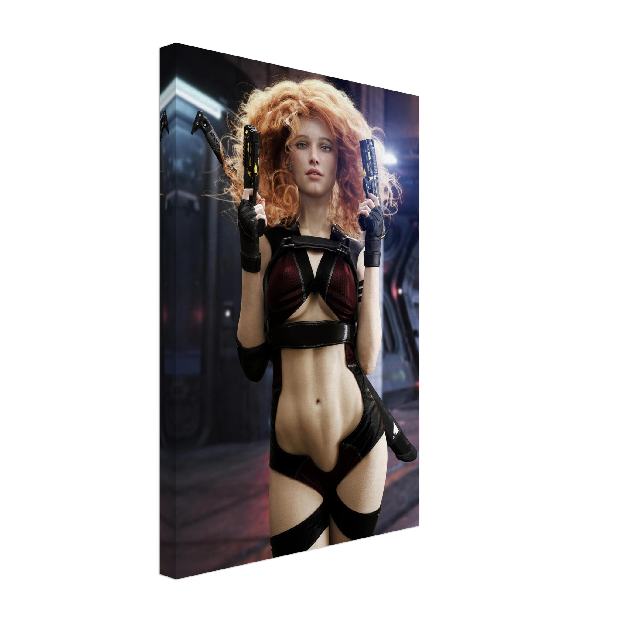 A handcrafted science fiction illustration of a futuristic female assassin with vibrant curly crimson hair standing confidently inside a high-tech industrial corridor. She holds dual futuristic pistols while wearing sleek tactical combat gear with cyberpunk-inspired armor accents and fingerless gloves. Dramatic cinematic lighting highlights her determined expression, realistic textures, and futuristic environment, creating a powerful action scene inspired by cyberpunk worlds, science fiction films, futurist
