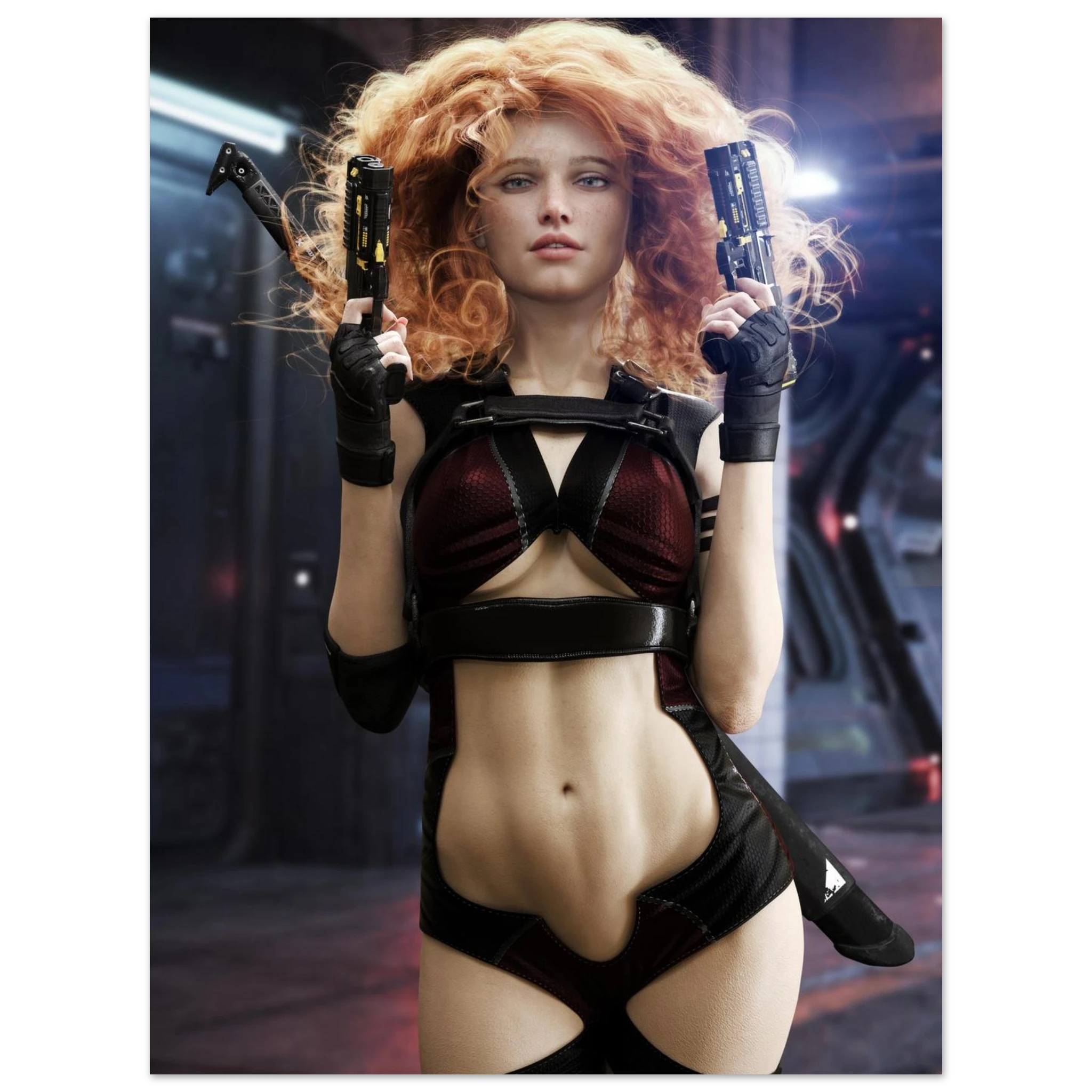 A handcrafted science fiction illustration of a futuristic female assassin with vibrant curly crimson hair standing confidently inside a high-tech industrial corridor. She holds dual futuristic pistols while wearing sleek tactical combat gear with cyberpunk-inspired armor accents and fingerless gloves. Dramatic cinematic lighting highlights her determined expression, realistic textures, and futuristic environment, creating a powerful action scene inspired by cyberpunk worlds, science fiction films, futurist