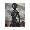 Sci-fi wall art featuring a female cybernetic assassin in black and red armor, holding dual pistols amid sparks and a futuristic battlefield.