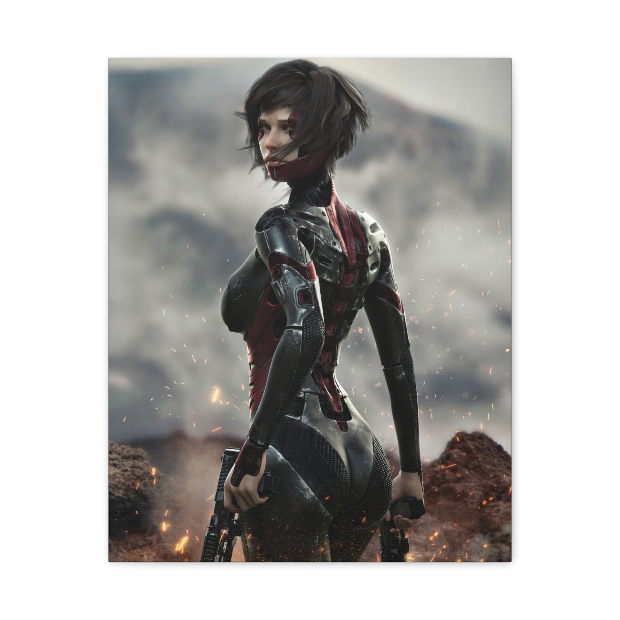 Sci-fi wall art featuring a female cybernetic assassin in black and red armor, holding dual pistols amid sparks and a futuristic battlefield.