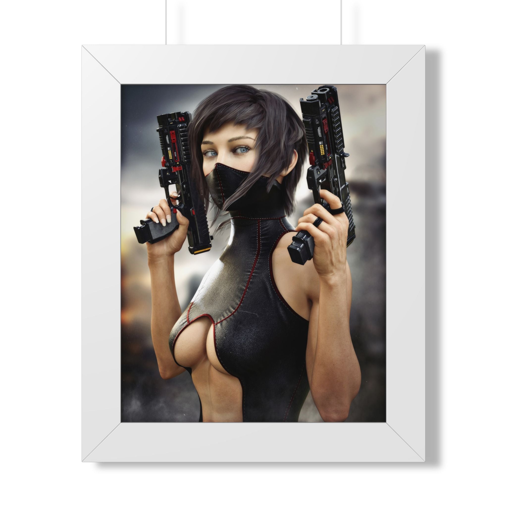 Sci-fi wall art featuring a futuristic female warrior with twin high-tech pistols, sleek black combat suit, face mask, and piercing blue eyes.