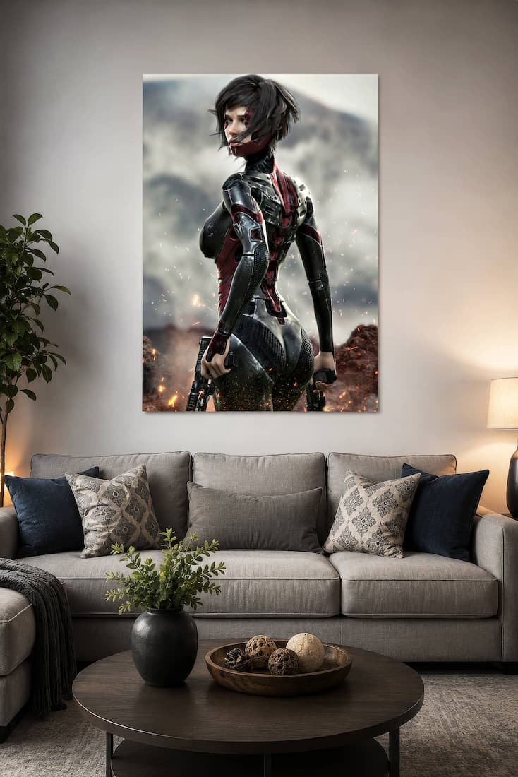 Large cyberpunk female warrior poster displayed above a modern gray sofa in a contemporary living room. The artwork features a futuristic sci-fi soldier wearing advanced black and red combat armor while holding dual pistols against a dramatic battlefield backdrop with glowing embers. This high-quality science fiction wall art adds bold cinematic style to gaming rooms, living rooms, home offices, media rooms, and modern home décor, making it an ideal gift for fans of cyberpunk and futuristic artwork.