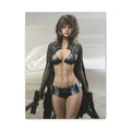 Female sci-fi trooper in sleek futuristic armor carrying dual pistols, standing confidently with a flowing cloak in a high-tech setting.