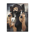 Sci-fi wall art featuring a futuristic female warrior with twin high-tech pistols, sleek black combat suit, face mask, and piercing blue eyes.