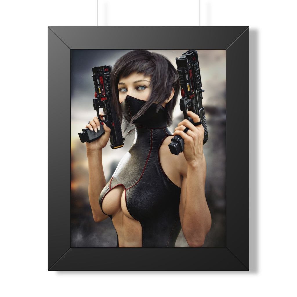 Sci-fi wall art featuring a futuristic female warrior with twin high-tech pistols, sleek black combat suit, face mask, and piercing blue eyes.