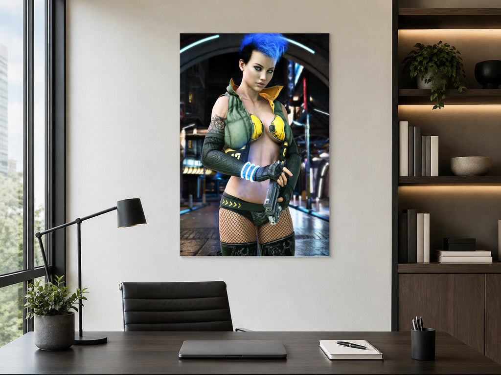 Cyberpunk female operative with a bright blue mohawk holding a futuristic pistol in a neon-lit city street, surrounded by glowing technology and sci-fi ambiance.
