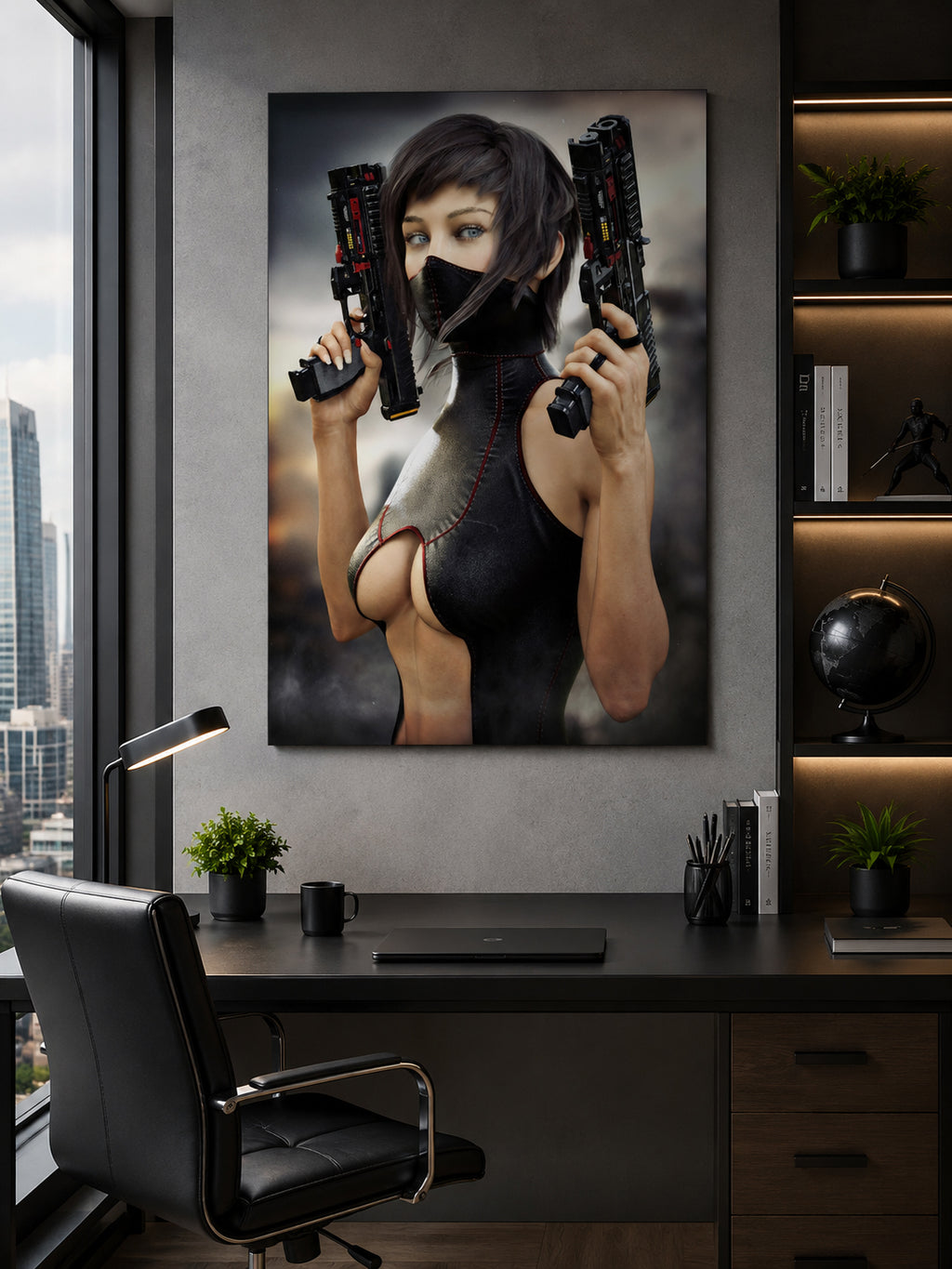 Sci-fi wall art featuring a futuristic female warrior with twin high-tech pistols, sleek black combat suit, face mask, and piercing blue eyes.