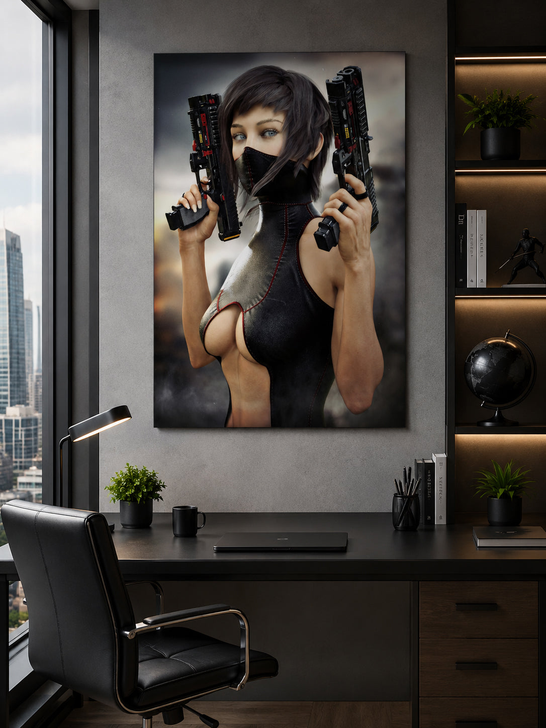 Sci-fi wall art featuring a futuristic female warrior with twin high-tech pistols, sleek black combat suit, face mask, and piercing blue eyes.