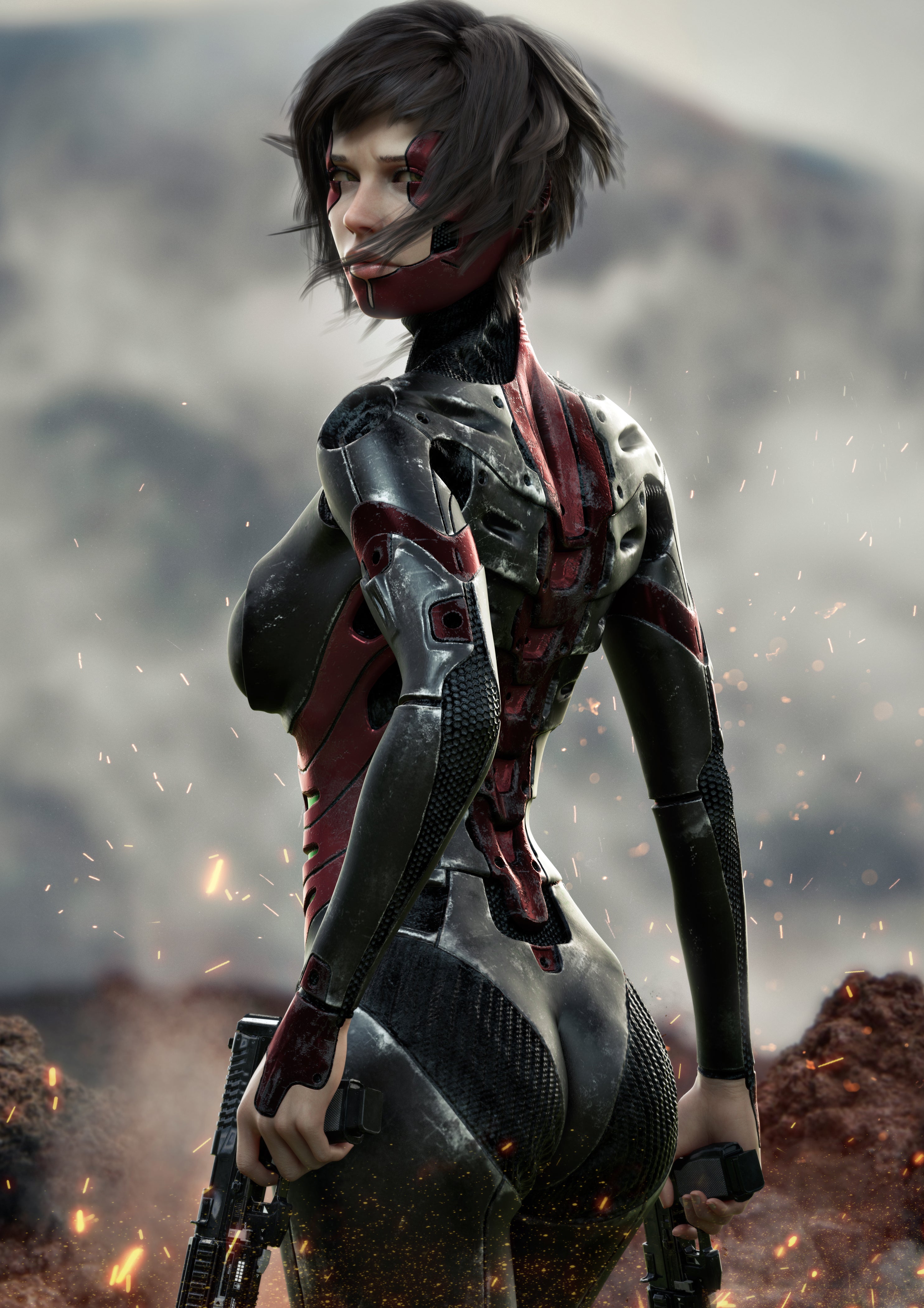 Sci-fi wall art featuring a cybernetic female assassin in advanced armor, dual pistols in hand, standing amid sparks and a futuristic battlefield.