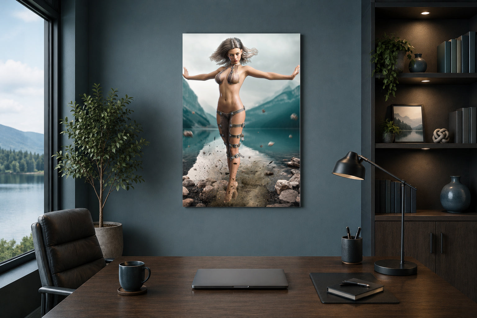 Fantasy sorceress floating across a mountain lake shoreline, surrounded by floating stones and magical energy, with dramatic scenery and arcane power.