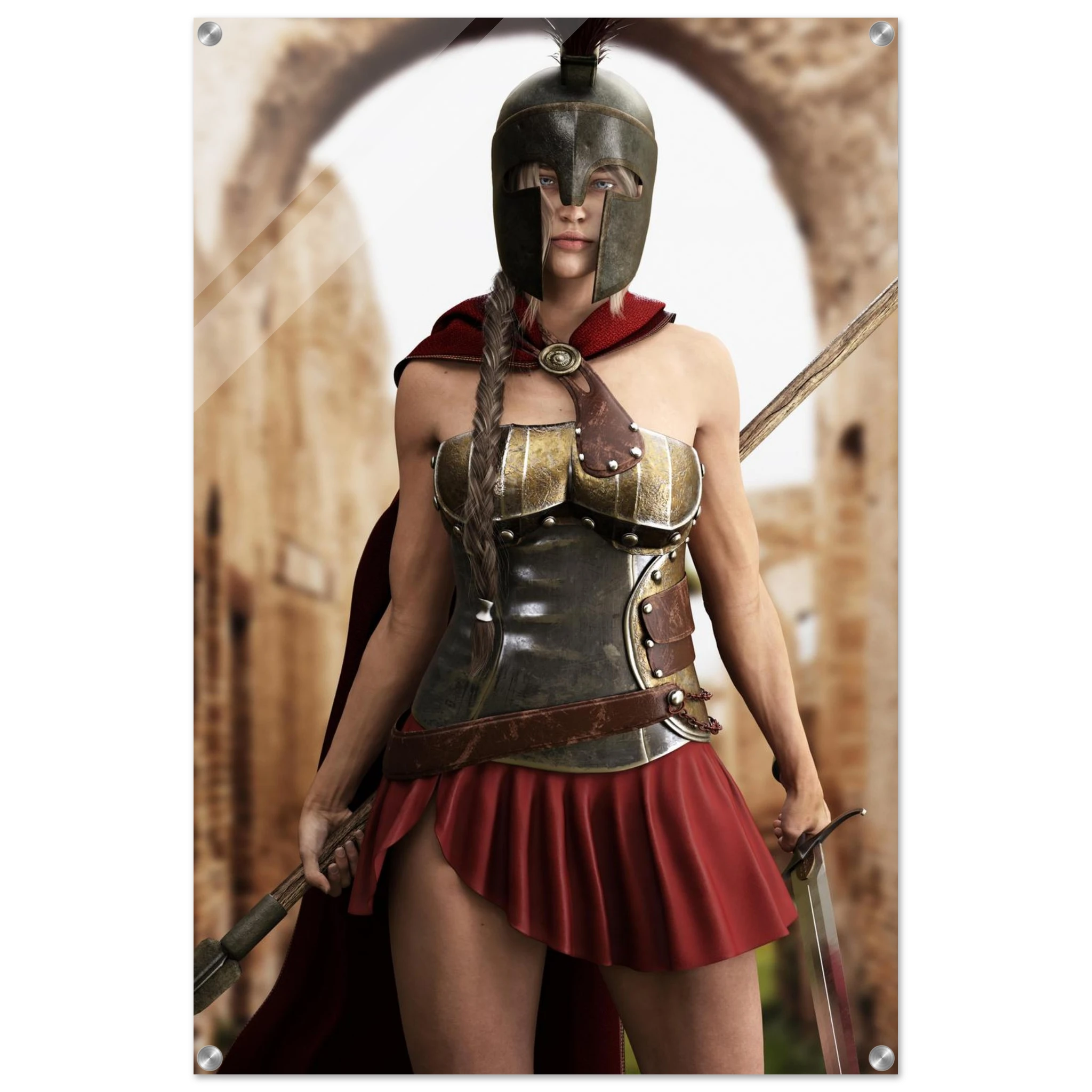 Handcrafted fantasy artwork depicting a powerful Spartan warrior woman standing before ancient Greek ruins, wearing a Corinthian bronze helmet, polished armor, crimson cape, and short battle skirt while gripping a spear and sword. Inspired by the legendary warriors of Ancient Sparta, this highly detailed illustration features cinematic lighting, realistic metal textures, classical architecture, and heroic fantasy styling, making it ideal for collectors of Greek mythology, historical fantasy, and epic warrio