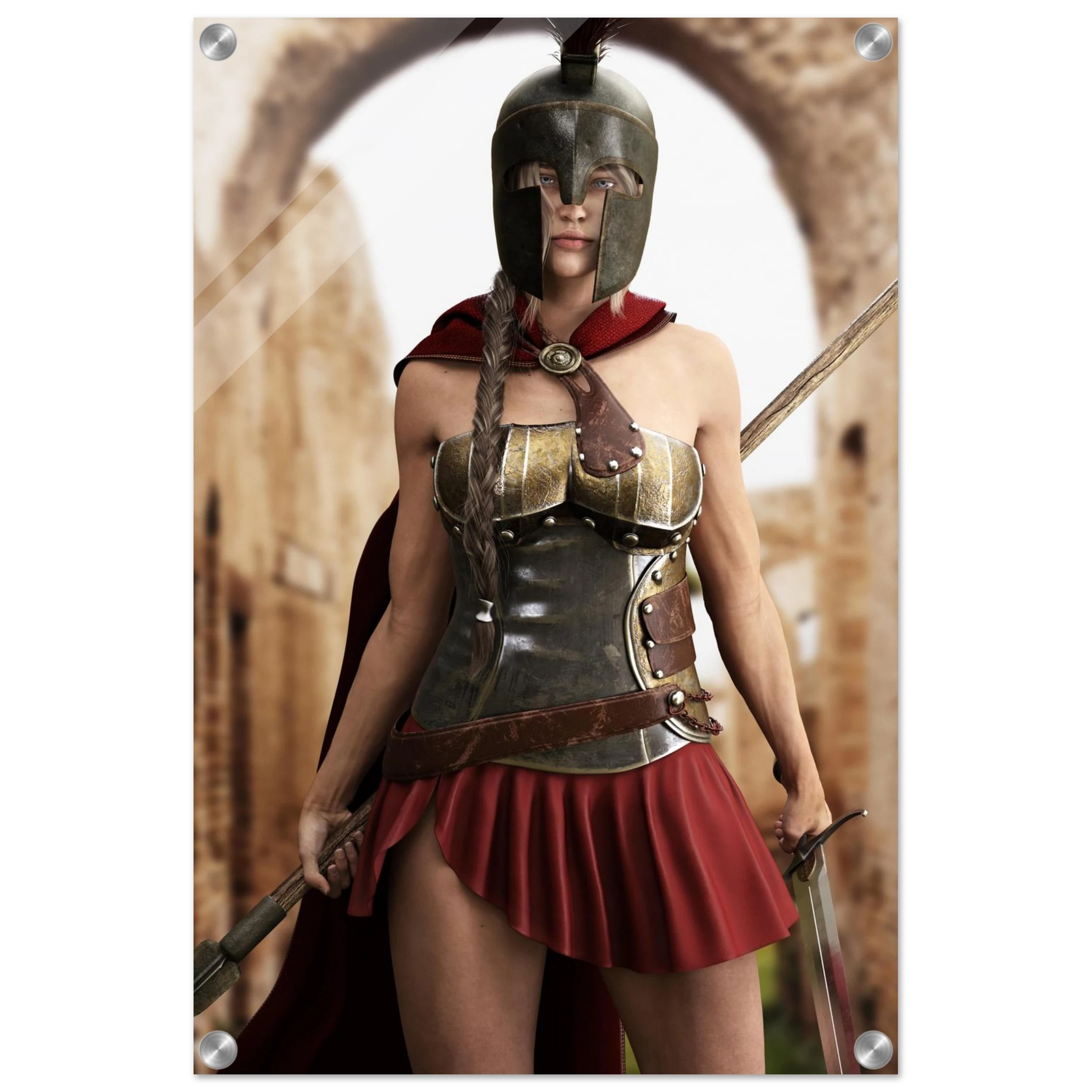 Handcrafted fantasy artwork depicting a powerful Spartan warrior woman standing before ancient Greek ruins, wearing a Corinthian bronze helmet, polished armor, crimson cape, and short battle skirt while gripping a spear and sword. Inspired by the legendary warriors of Ancient Sparta, this highly detailed illustration features cinematic lighting, realistic metal textures, classical architecture, and heroic fantasy styling, making it ideal for collectors of Greek mythology, historical fantasy, and epic warrio