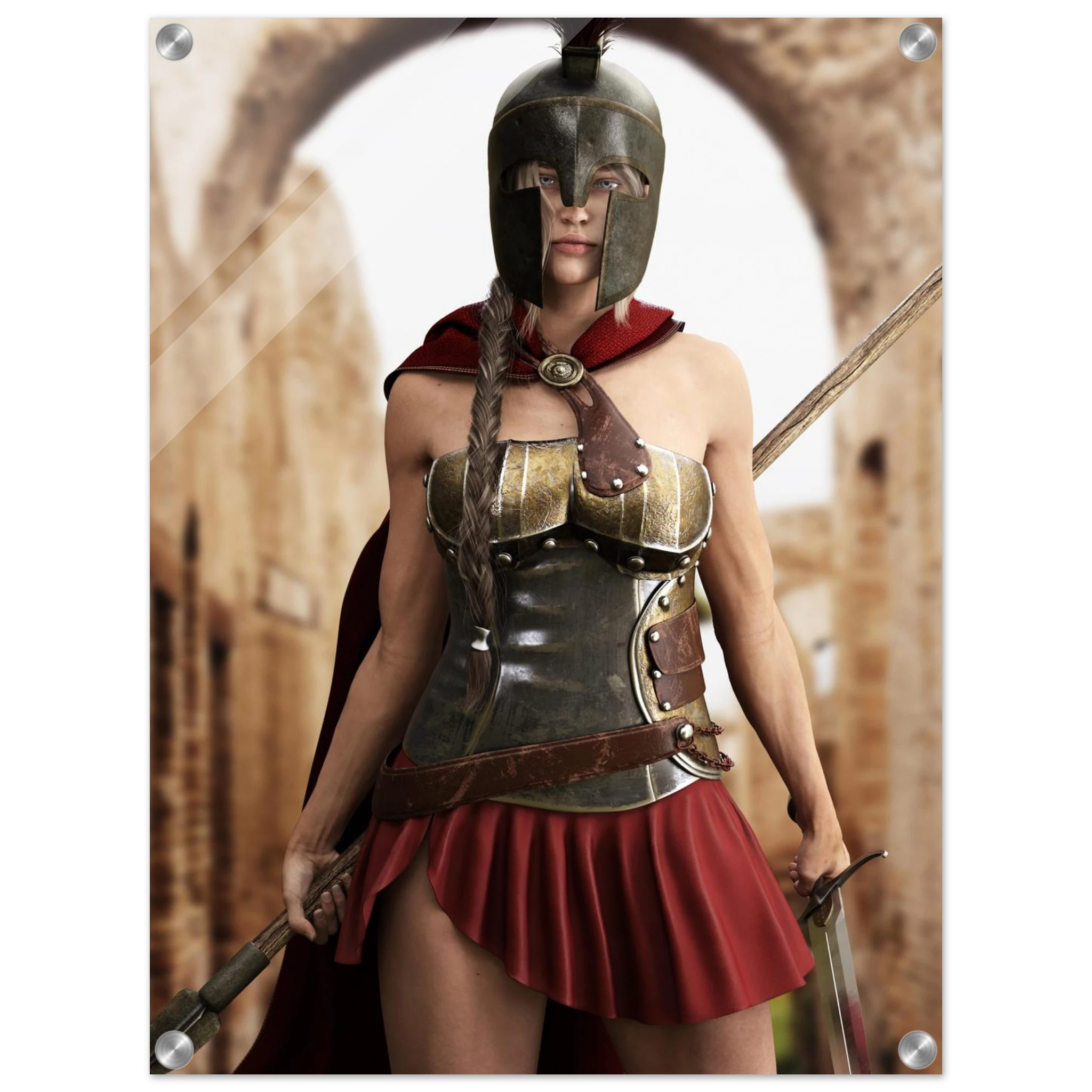 Handcrafted fantasy artwork depicting a powerful Spartan warrior woman standing before ancient Greek ruins, wearing a Corinthian bronze helmet, polished armor, crimson cape, and short battle skirt while gripping a spear and sword. Inspired by the legendary warriors of Ancient Sparta, this highly detailed illustration features cinematic lighting, realistic metal textures, classical architecture, and heroic fantasy styling, making it ideal for collectors of Greek mythology, historical fantasy, and epic warrio