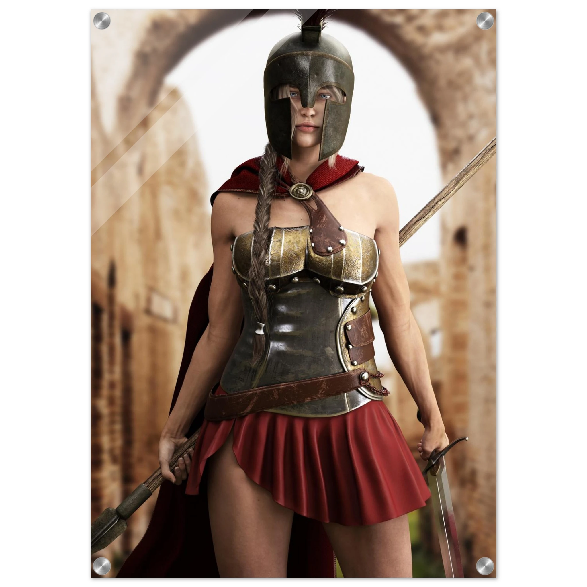 Handcrafted fantasy artwork depicting a powerful Spartan warrior woman standing before ancient Greek ruins, wearing a Corinthian bronze helmet, polished armor, crimson cape, and short battle skirt while gripping a spear and sword. Inspired by the legendary warriors of Ancient Sparta, this highly detailed illustration features cinematic lighting, realistic metal textures, classical architecture, and heroic fantasy styling, making it ideal for collectors of Greek mythology, historical fantasy, and epic warrio