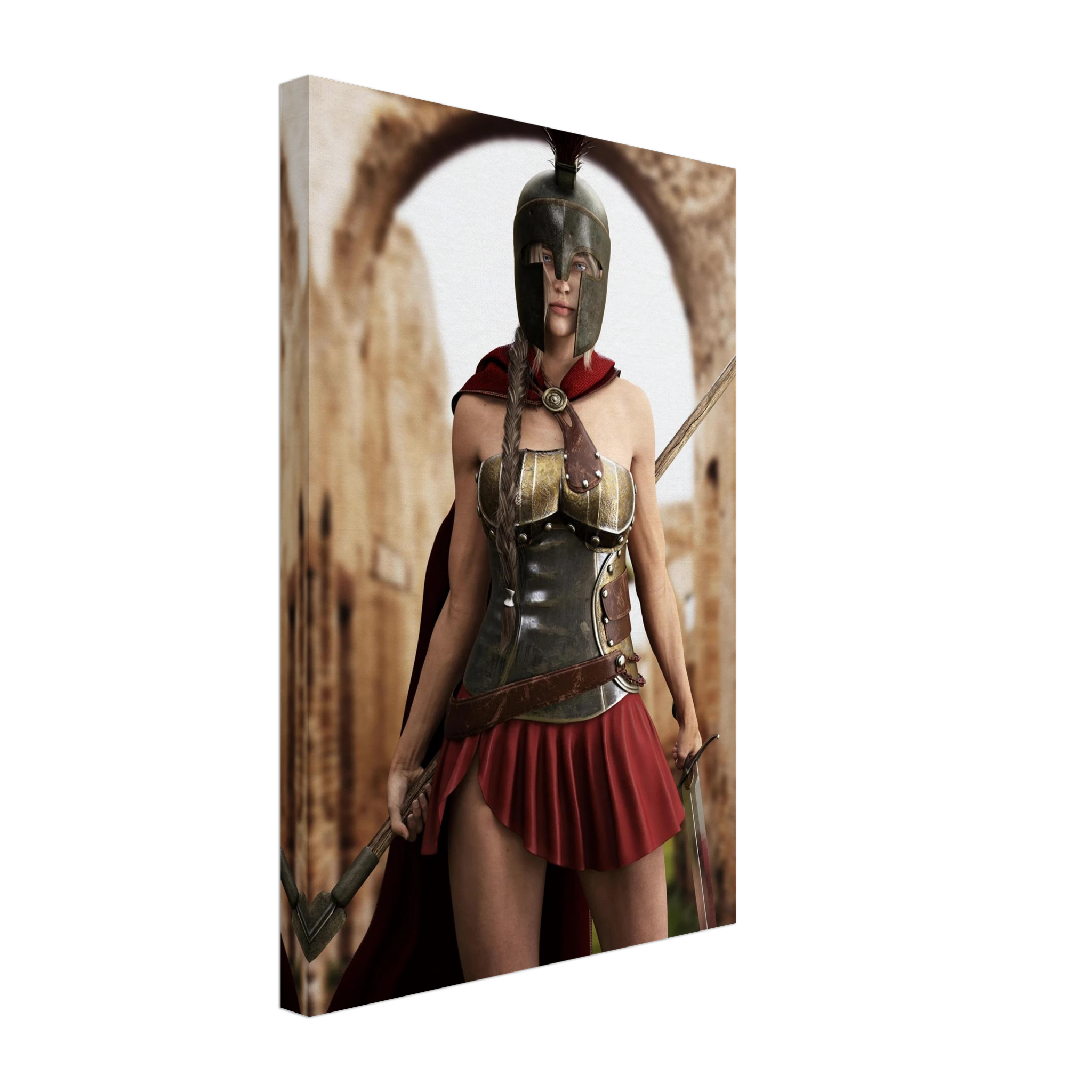 A vertical canvas wall art print depicting a Spartan warrior in bronze armor and a red skirt, holding spears, set against a stone archway background.