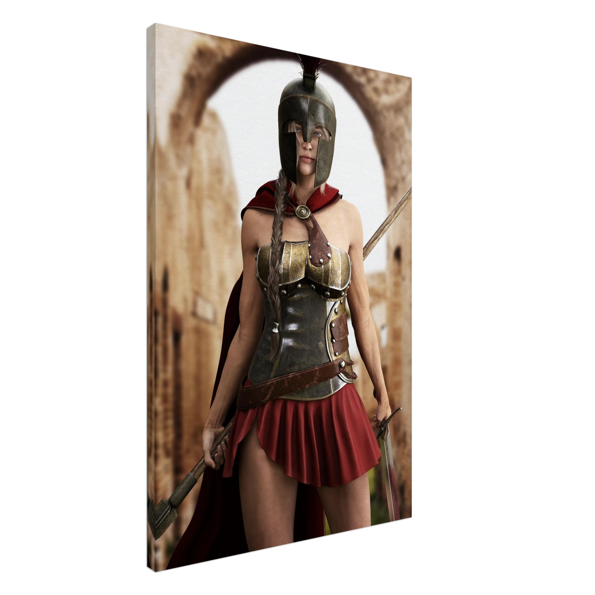 A vertical canvas wall art print depicting a Spartan warrior in bronze armor and a red skirt, standing before a stone archway. The canvas is shown at a slight angle against a plain white background.