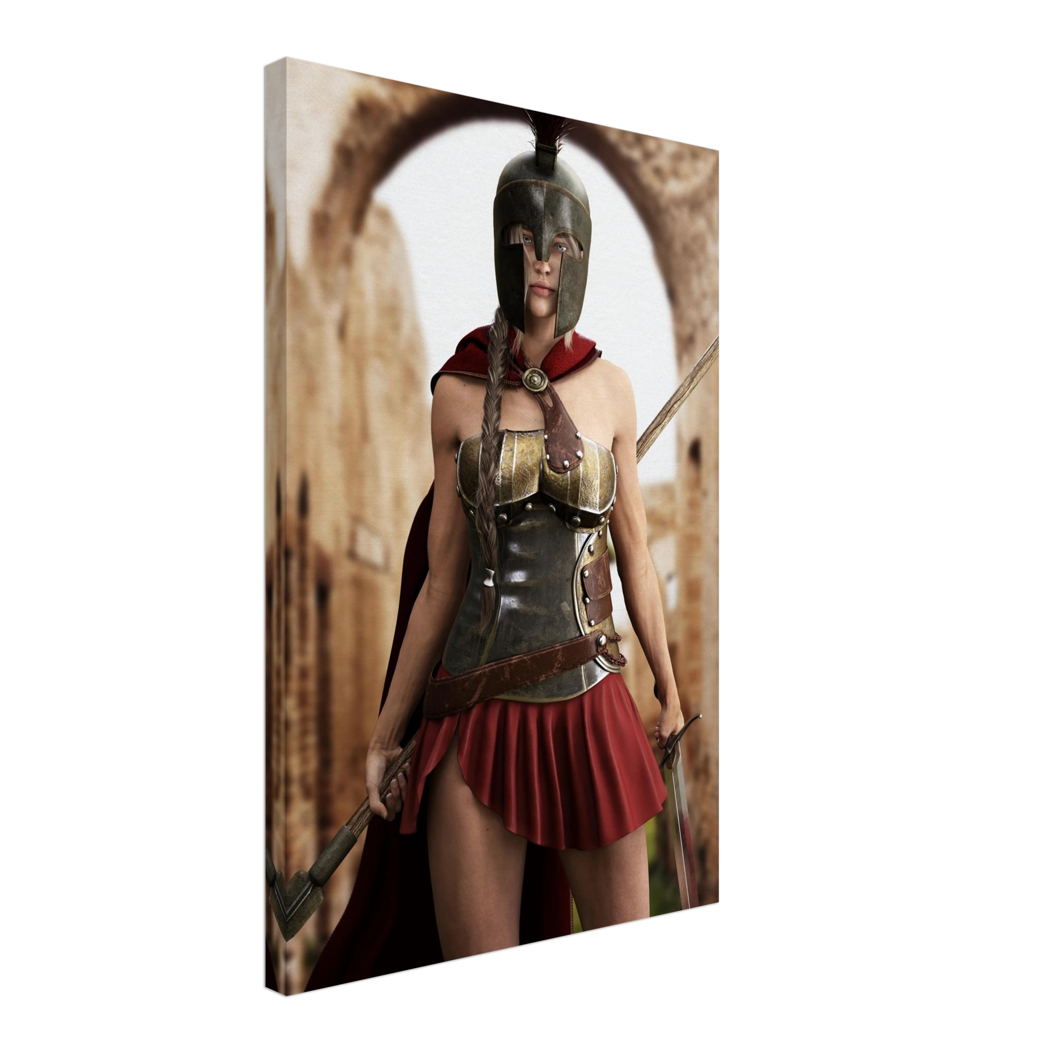 A vertical canvas wall art print depicting a Spartan warrior in bronze armor and a red skirt, shown at an angle against a plain white background.