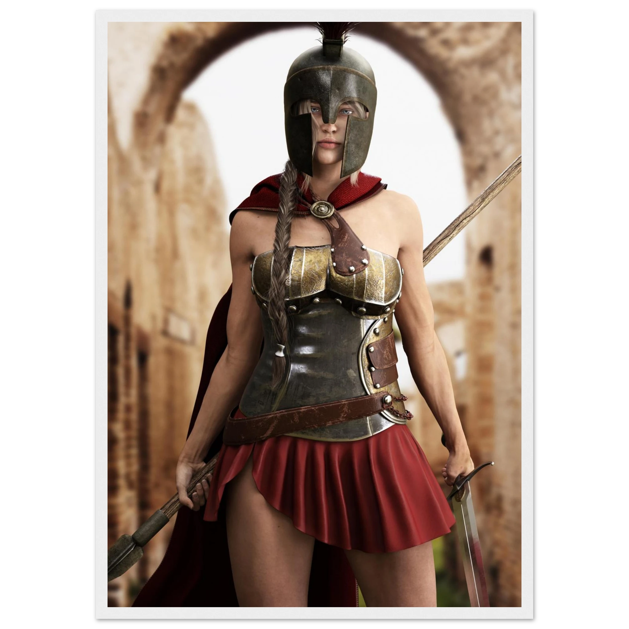 A woman wearing a Spartan-style warrior costume with a bronze helmet, metallic breastplate, red cape, and pleated red skirt, holding a sword in front of an archway.
