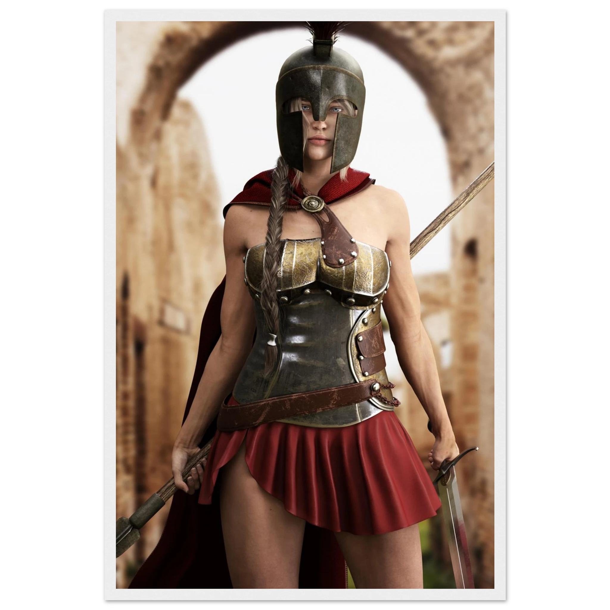 A vertical art print or poster featuring a woman dressed as a Spartan warrior, wearing a bronze helmet, metallic breastplate, red cape, and red pleated skirt, standing in front of a stone archway and holding swords.