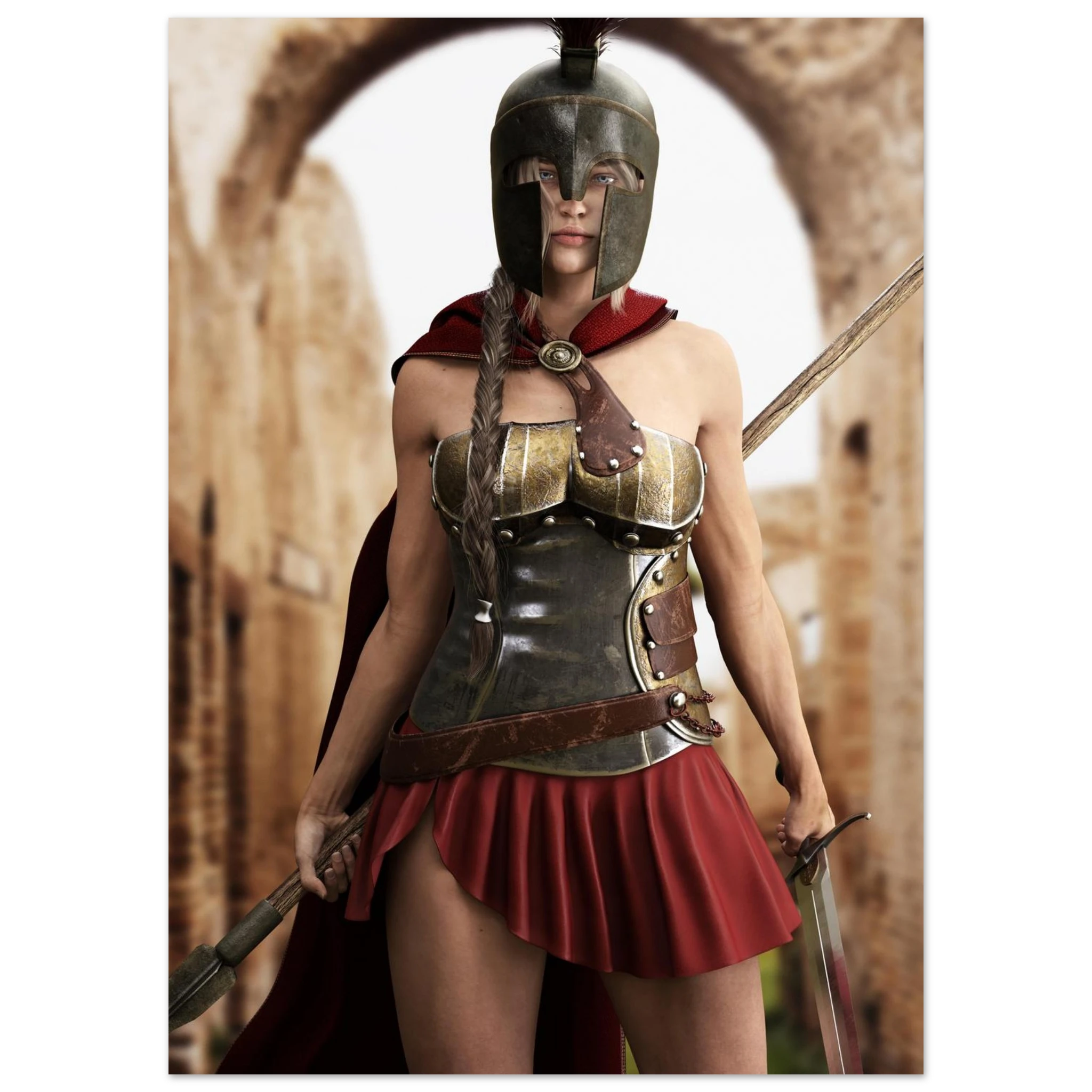 Handcrafted fantasy artwork depicting a powerful Spartan warrior woman standing before ancient Greek ruins, wearing a Corinthian bronze helmet, polished armor, crimson cape, and short battle skirt while gripping a spear and sword. Inspired by the legendary warriors of Ancient Sparta, this highly detailed illustration features cinematic lighting, realistic metal textures, classical architecture, and heroic fantasy styling, making it ideal for collectors of Greek mythology, historical fantasy, and epic warrio