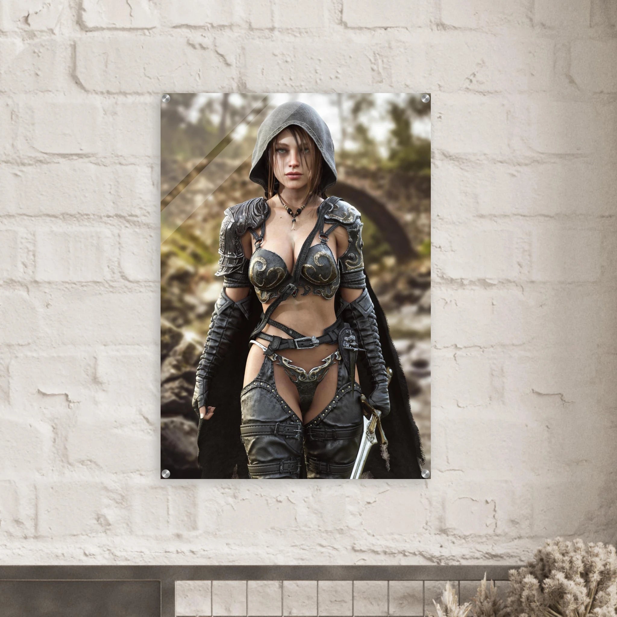 A handcrafted fantasy illustration featuring a determined female ranger walking through a rocky forest stream beneath a weathered stone bridge. She wears a hooded black cloak over intricately engraved silver armor with medieval-inspired detailing and carries an elegant sword at her side. Soft natural light illuminates her realistic facial features while the woodland landscape and flowing stream create an immersive atmosphere of exploration and adventure. Inspired by classic fantasy novels, tabletop role-pla