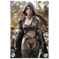 A handcrafted fantasy illustration featuring a determined female ranger walking through a rocky forest stream beneath a weathered stone bridge. She wears a hooded black cloak over intricately engraved silver armor with medieval-inspired detailing and carries an elegant sword at her side. Soft natural light illuminates her realistic facial features while the woodland landscape and flowing stream create an immersive atmosphere of exploration and adventure. Inspired by classic fantasy novels, tabletop role-pla