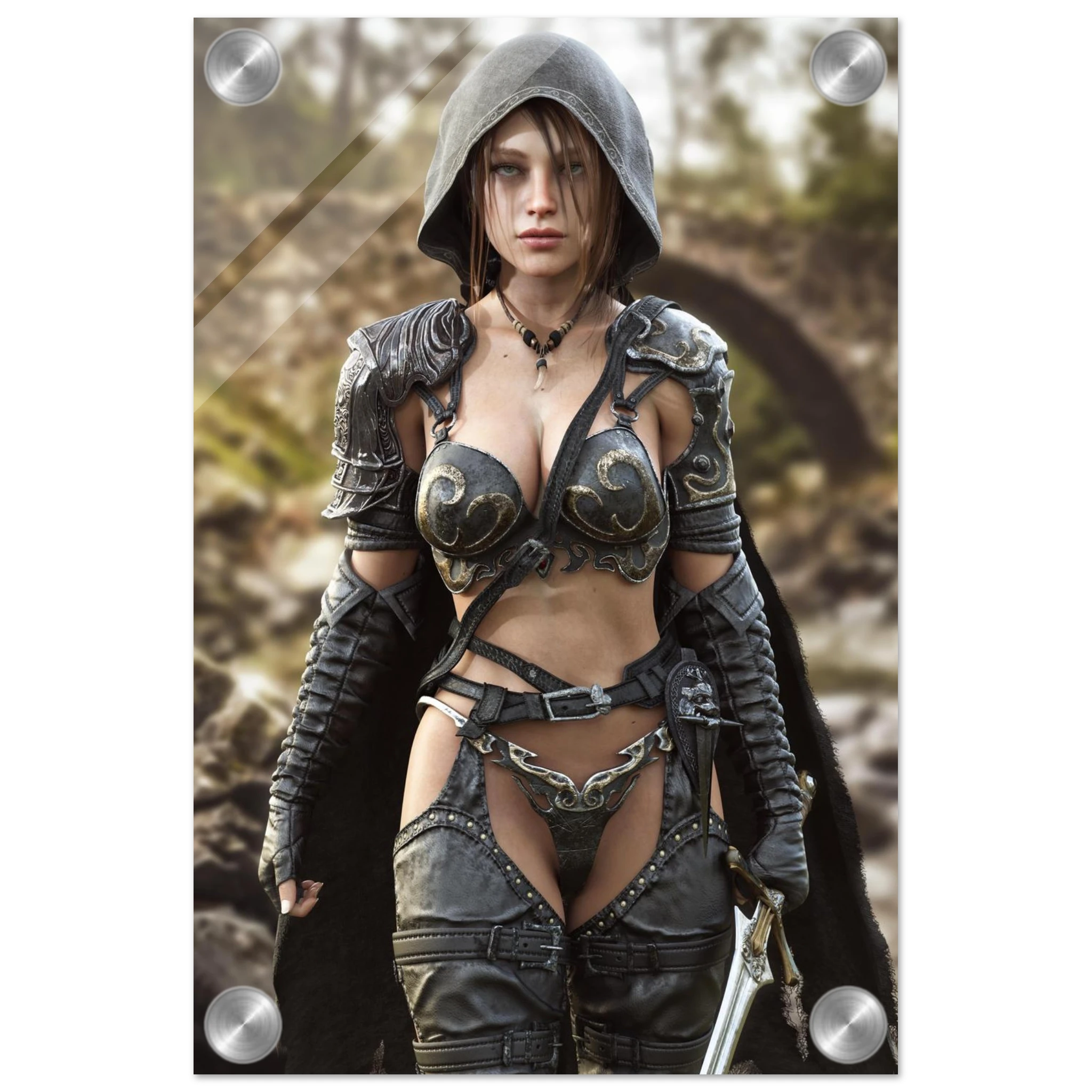 A handcrafted fantasy illustration featuring a determined female ranger walking through a rocky forest stream beneath a weathered stone bridge. She wears a hooded black cloak over intricately engraved silver armor with medieval-inspired detailing and carries an elegant sword at her side. Soft natural light illuminates her realistic facial features while the woodland landscape and flowing stream create an immersive atmosphere of exploration and adventure. Inspired by classic fantasy novels, tabletop role-pla