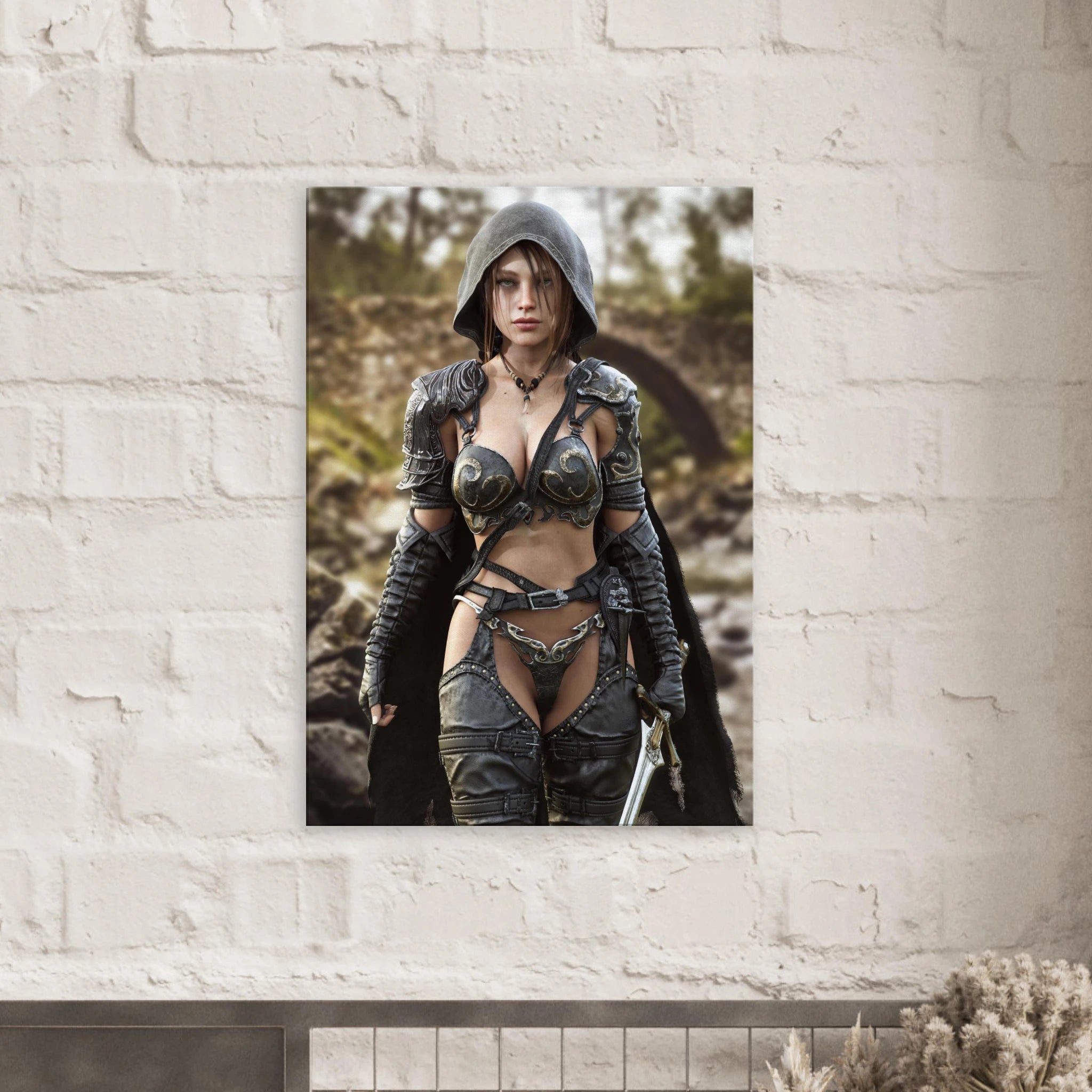 A handcrafted fantasy illustration featuring a determined female ranger walking through a rocky forest stream beneath a weathered stone bridge. She wears a hooded black cloak over intricately engraved silver armor with medieval-inspired detailing and carries an elegant sword at her side. Soft natural light illuminates her realistic facial features while the woodland landscape and flowing stream create an immersive atmosphere of exploration and adventure. Inspired by classic fantasy novels, tabletop role-pla