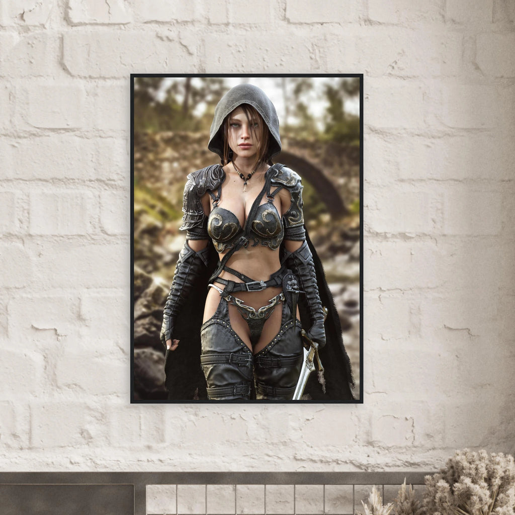 A handcrafted fantasy illustration featuring a determined female ranger walking through a rocky forest stream beneath a weathered stone bridge. She wears a hooded black cloak over intricately engraved silver armor with medieval-inspired detailing and carries an elegant sword at her side. Soft natural light illuminates her realistic facial features while the woodland landscape and flowing stream create an immersive atmosphere of exploration and adventure. Inspired by classic fantasy novels, tabletop role-pla