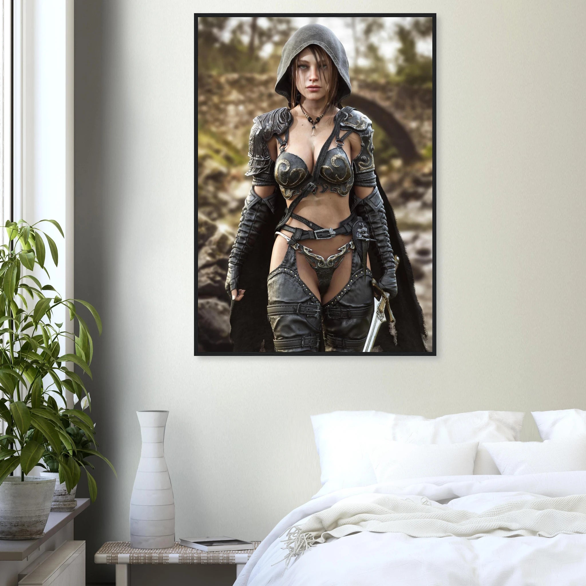 A framed vertical art print of a fantasy female warrior in dark armor hanging on a light beige wall above a bed in a styled bedroom setting.