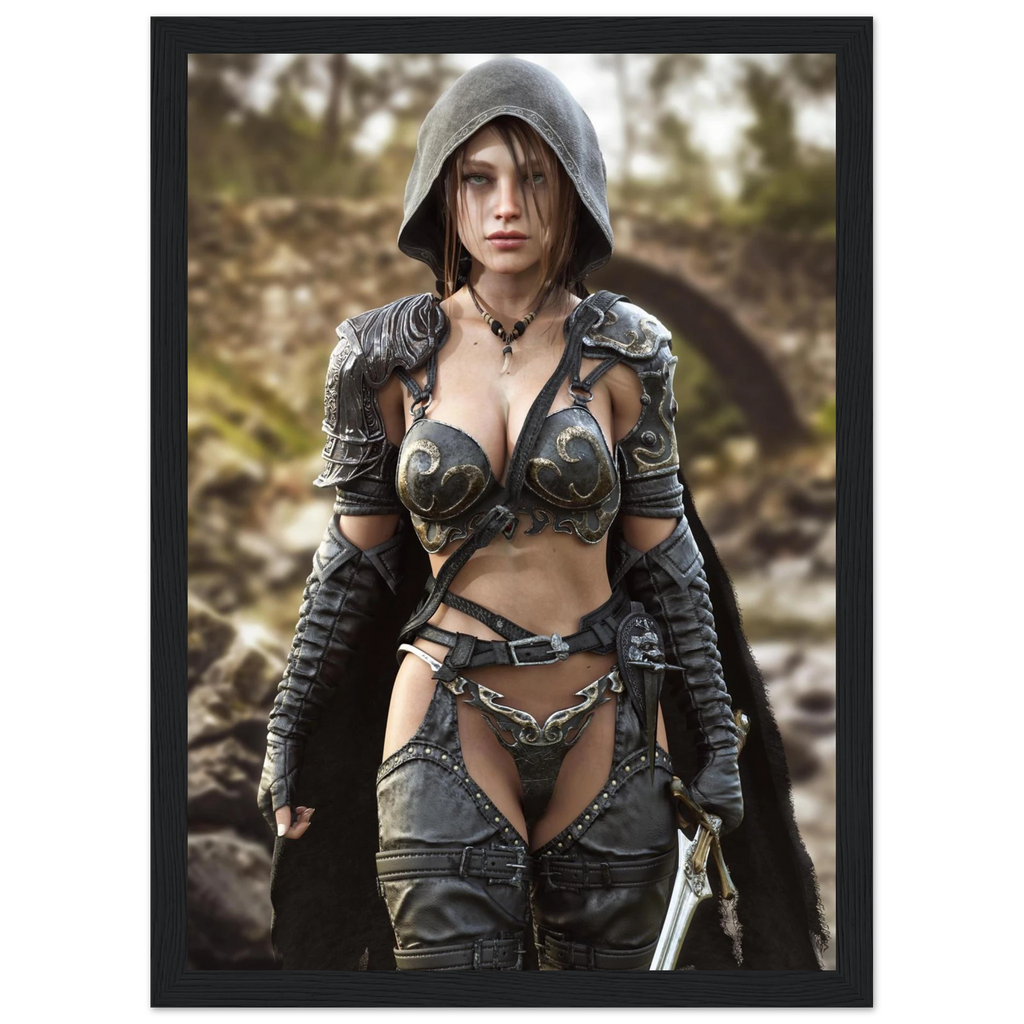 A framed art print featuring a fantasy illustration of a female warrior in dark metallic armor with a hood, set against a blurred outdoor background.