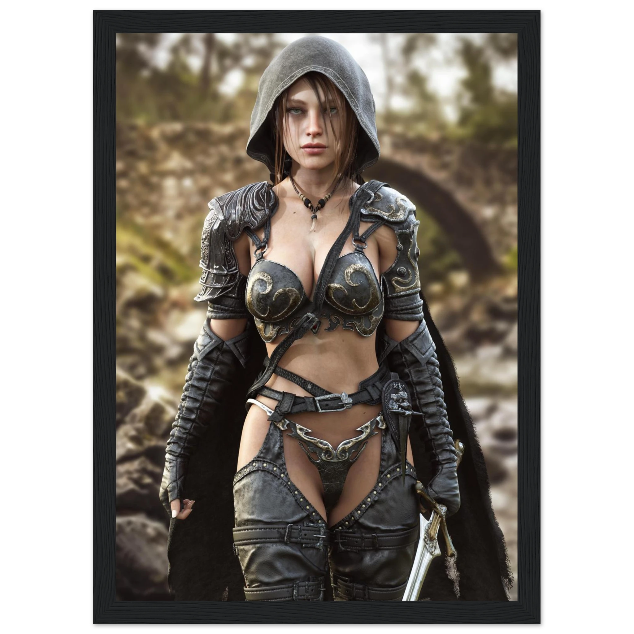 A framed art print featuring a fantasy illustration of a female warrior in dark metallic armor with a hood, set against a blurred outdoor background.