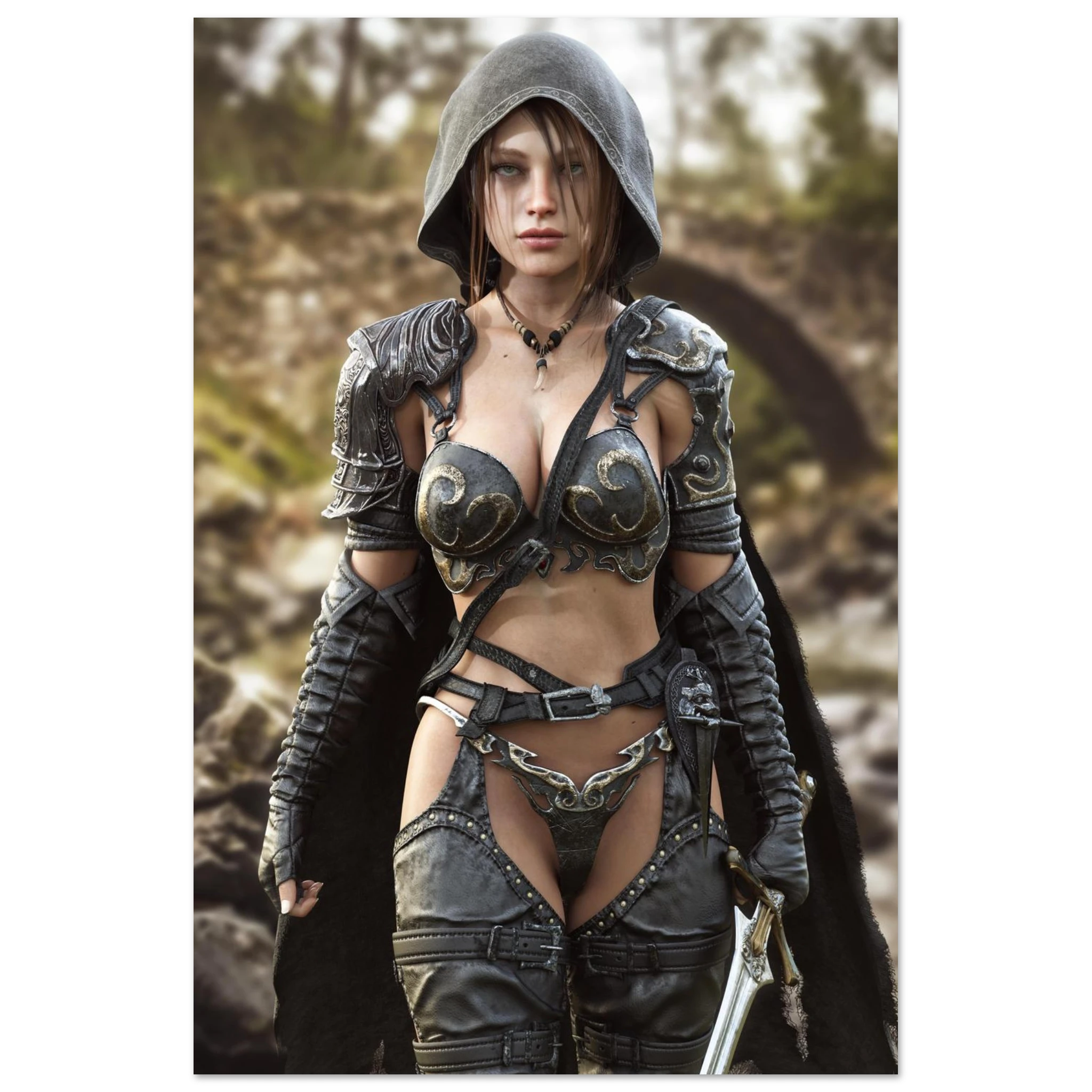 A handcrafted fantasy illustration featuring a determined female ranger walking through a rocky forest stream beneath a weathered stone bridge. She wears a hooded black cloak over intricately engraved silver armor with medieval-inspired detailing and carries an elegant sword at her side. Soft natural light illuminates her realistic facial features while the woodland landscape and flowing stream create an immersive atmosphere of exploration and adventure. Inspired by classic fantasy novels, tabletop role-pla